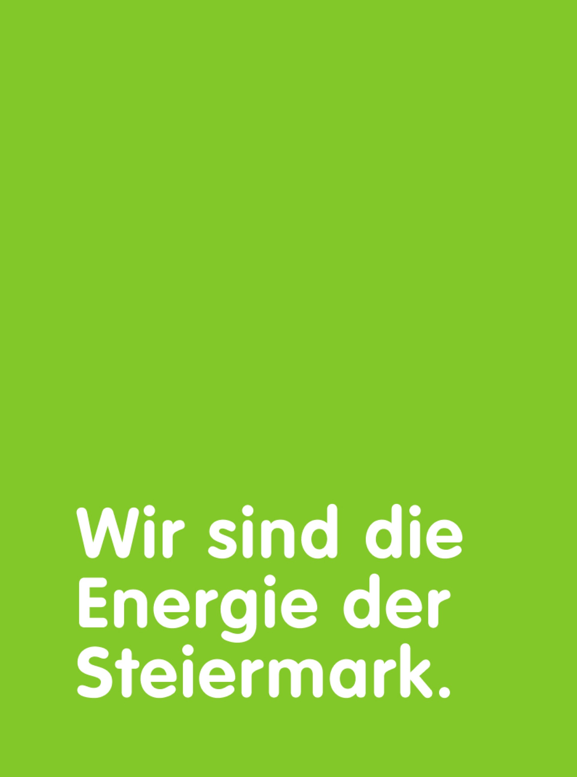Grüner Hintergrund mit weißem Text: "Wir sind die Energie der Steiermark." Text von Energie Steiermark.