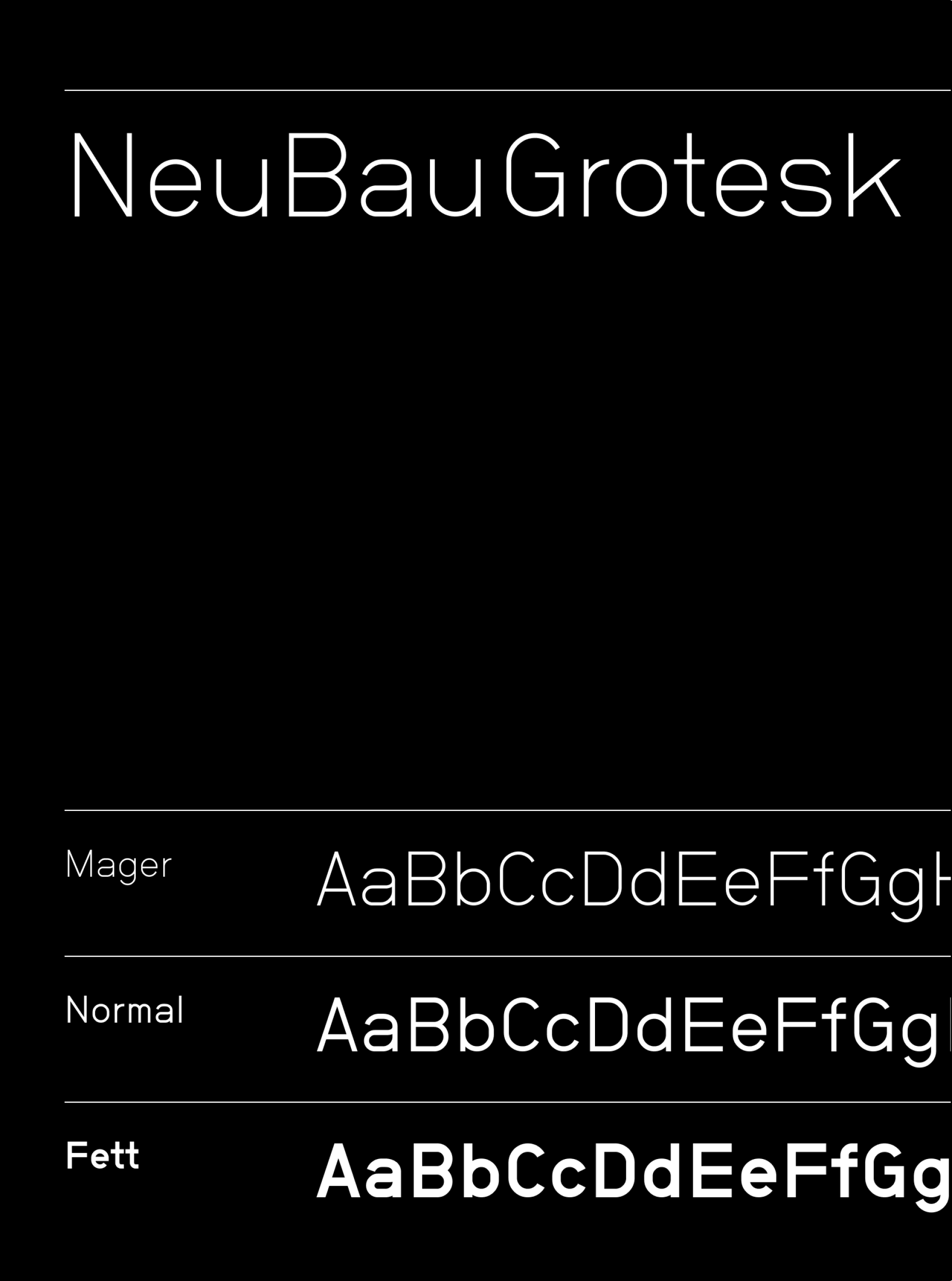 "NeuBauGrotesk"-Schriftartenmuster in Mager, Normal und Fett auf schwarzem Hintergrund.