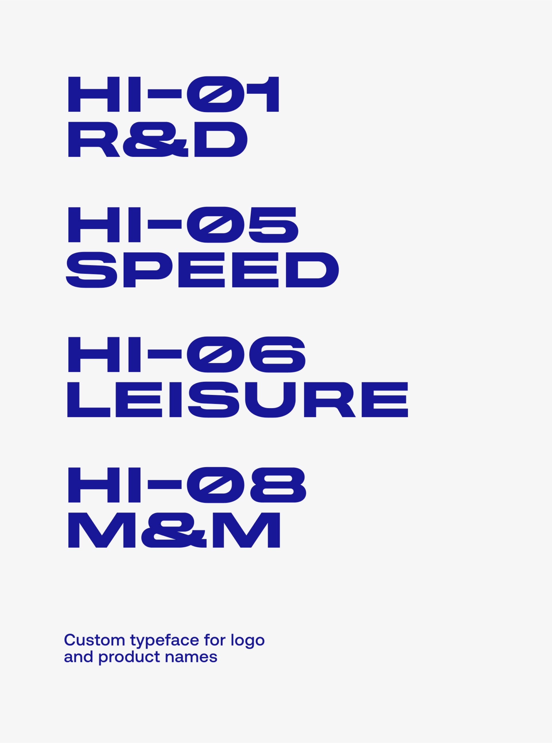 Blauer Text auf weißem Grund: HI-01 R&D, HI-05 SPEED, HI-06 LEISURE, HI-08 M&M. Benutzerdefinierte Schriftart für Logos und Produktnamen.