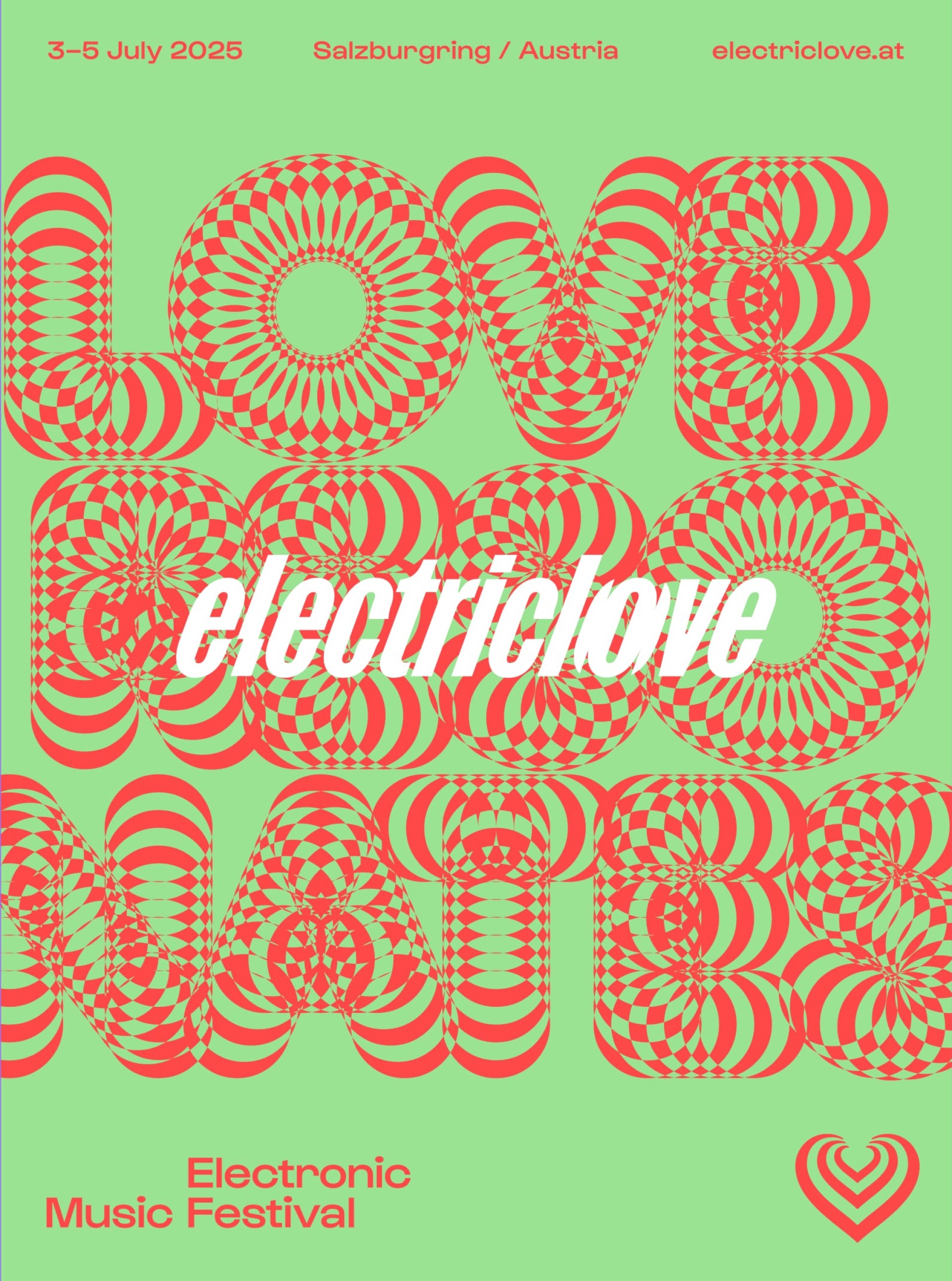 Ein grünes Poster für das Electriclove Electronic Music Festival vom 3. bis 5. Juli 2025 in Salzburgring/Österreich. Rote, psychedelische Schrift.