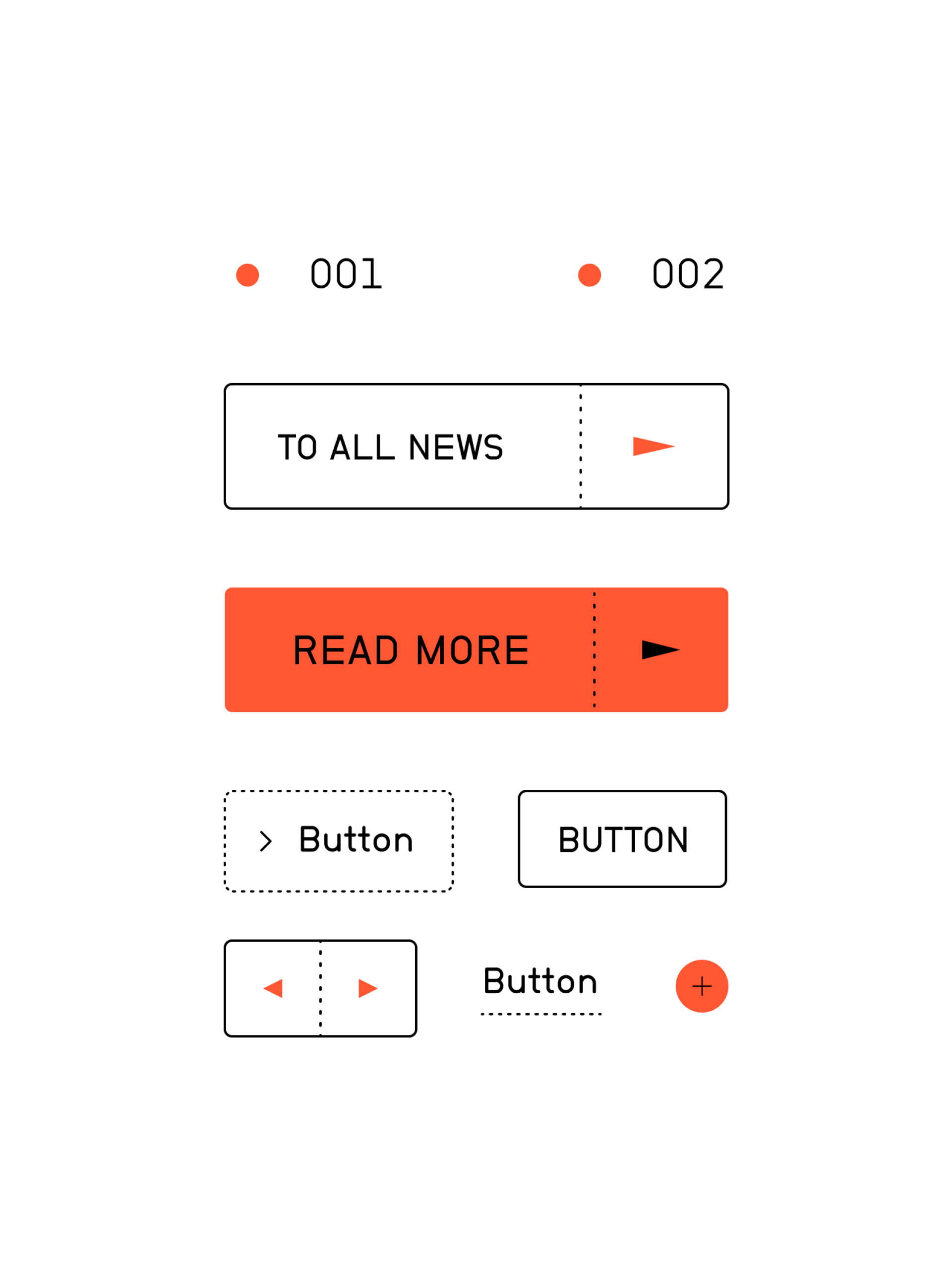 Verschiedene Schaltflächen mit Text: "TO ALL NEWS", "READ MORE" und "BUTTON" in Schwarz und Orange.