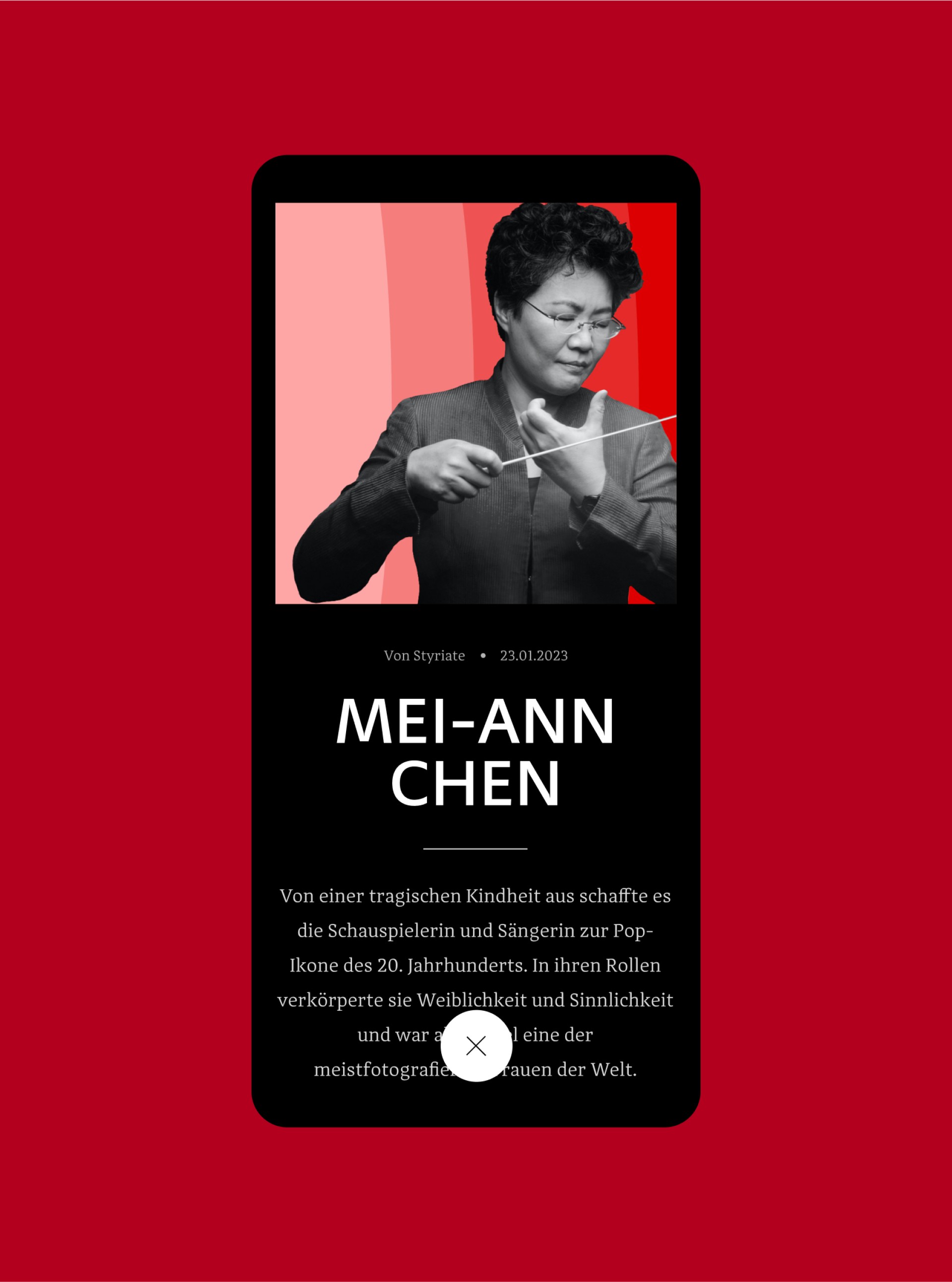 Eine Smartphone-Anzeige für Mei-Ann Chen, Dirigentin, in Schwarzweiß über rotem Hintergrund.