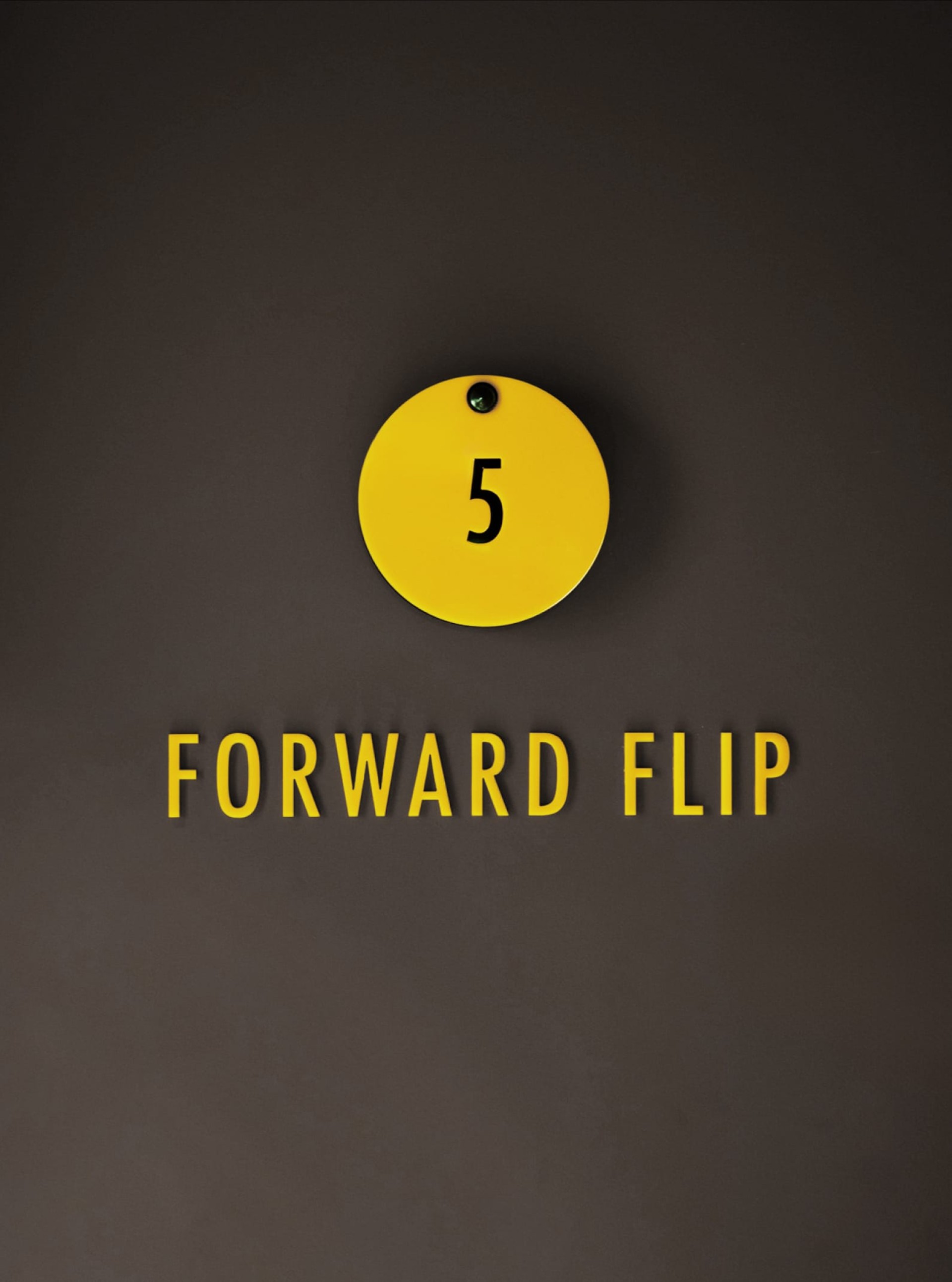 Gelbe Scheibe mit der Nummer "5" darüber und "FORWARD FLIP" darunter auf grauem Hintergrund.