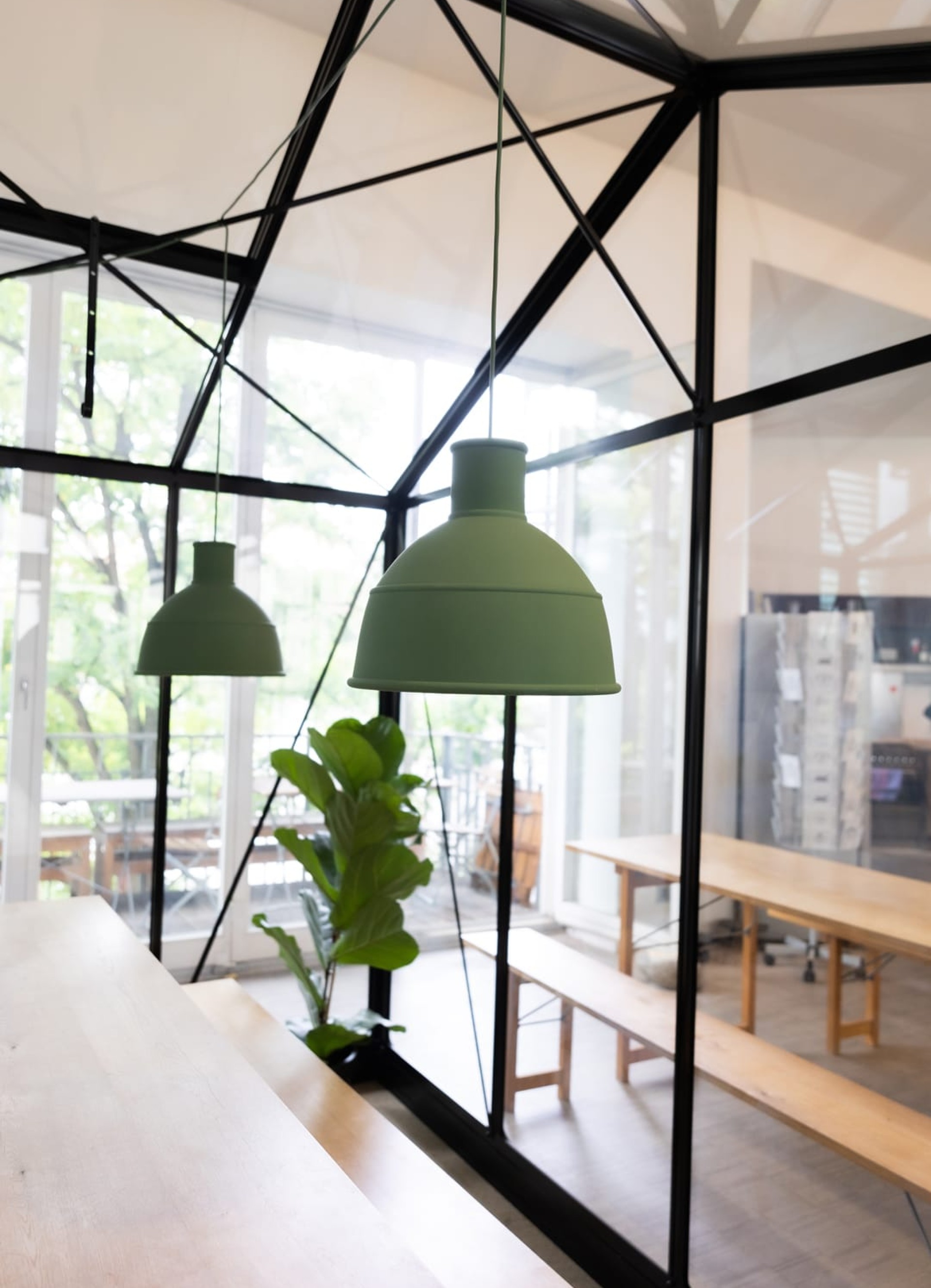 Grüne Lampen hängen über einem Tisch und einer Pflanze in einem Raum mit schwarzen Metallrahmen.
