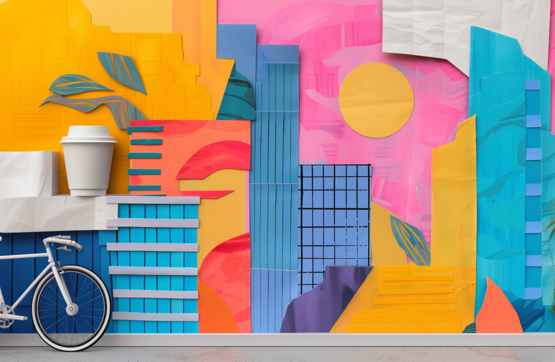Eine stilisierte Stadtbild-Collage mit einem Fahrrad, einem Kaffee, Pflanzen und abstrahierten Gebäuden in hellen Farben.