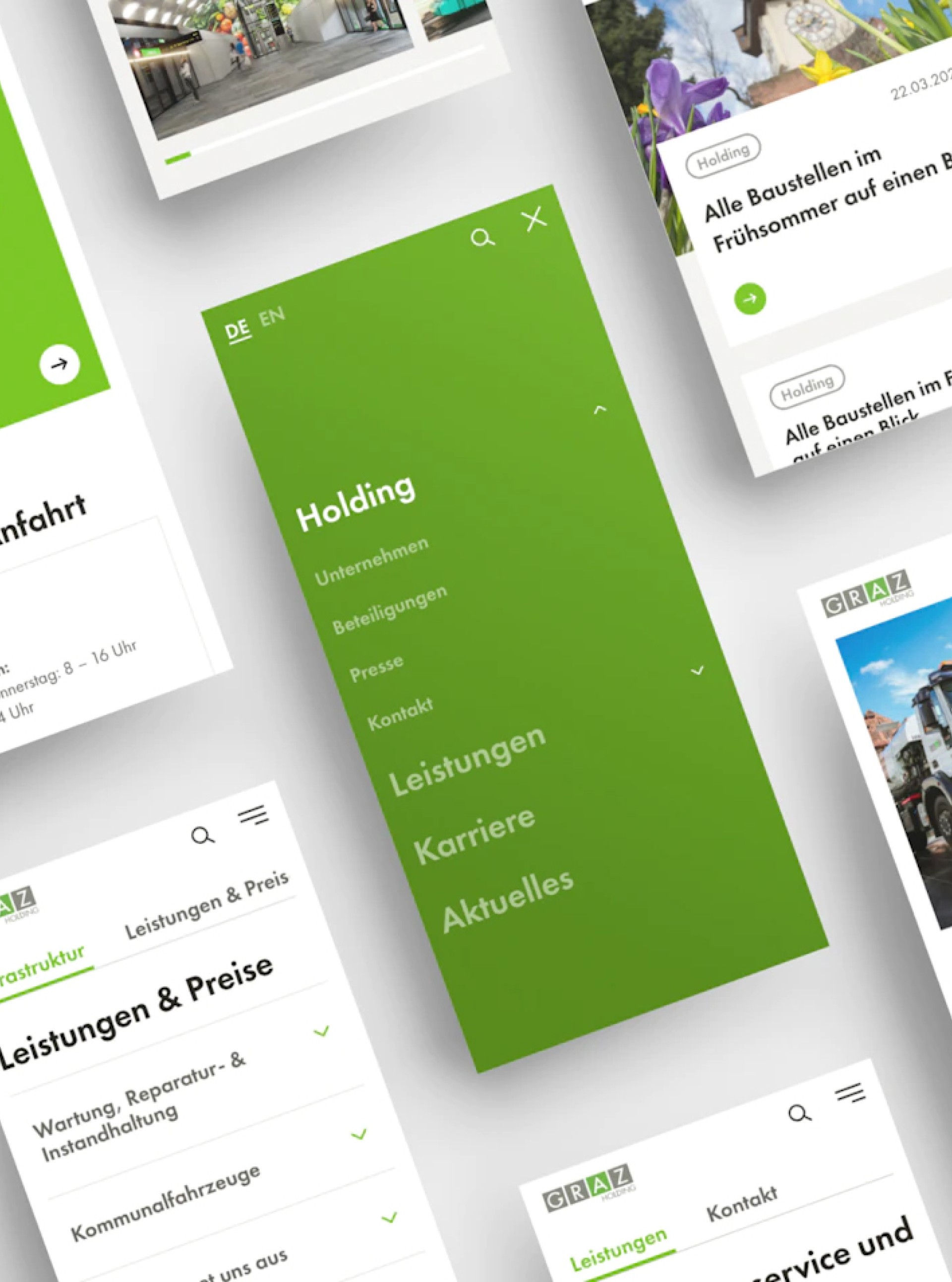 Mehrere grüne Smartphone-Screens zeigen das "Holding Graz"-App-Design und Menüoptionen.
