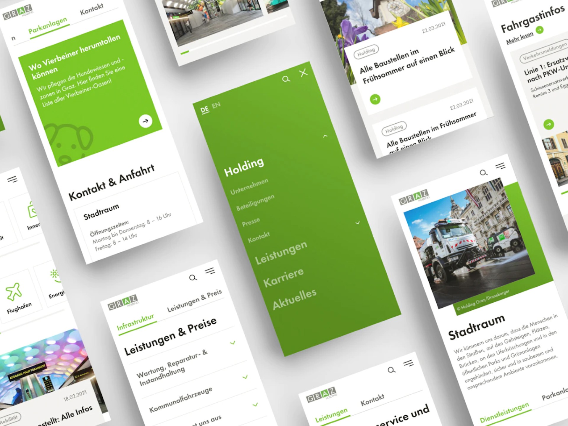 Mehrere grüne Smartphone-Screens zeigen das "Holding Graz"-App-Design und Menüoptionen.