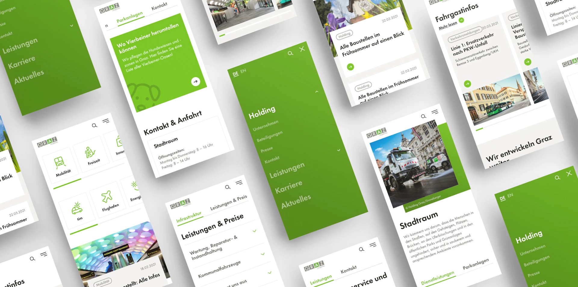 Mehrere grüne Smartphone-Screens zeigen das "Holding Graz"-App-Design und Menüoptionen.