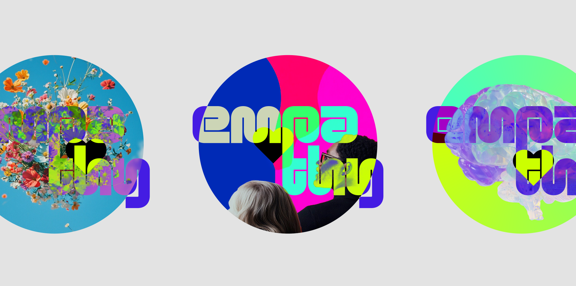 Drei farbenfrohe Kreise zeigen die Aufschrift "Empathy". Der erste Kreis zeigt Blumen, der zweite Personen und der dritte ein Gehirn.