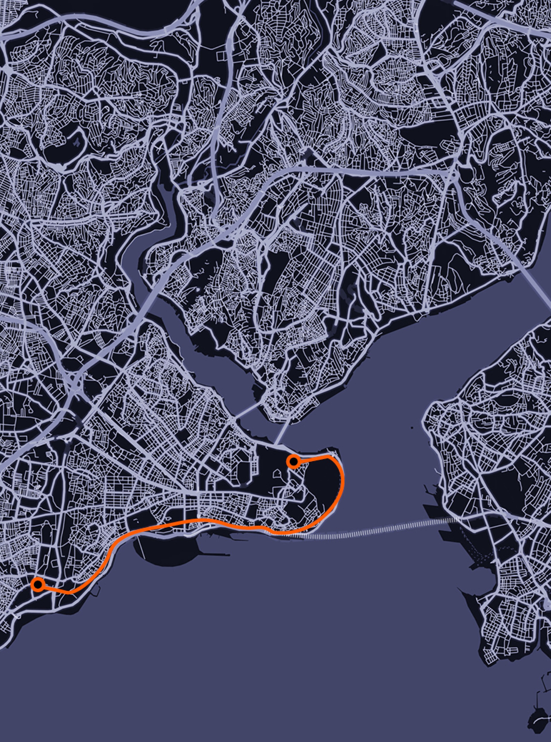Eine Karte von Istanbul mit einem orangefarbenen Pfad, der durch die Stadt führt.