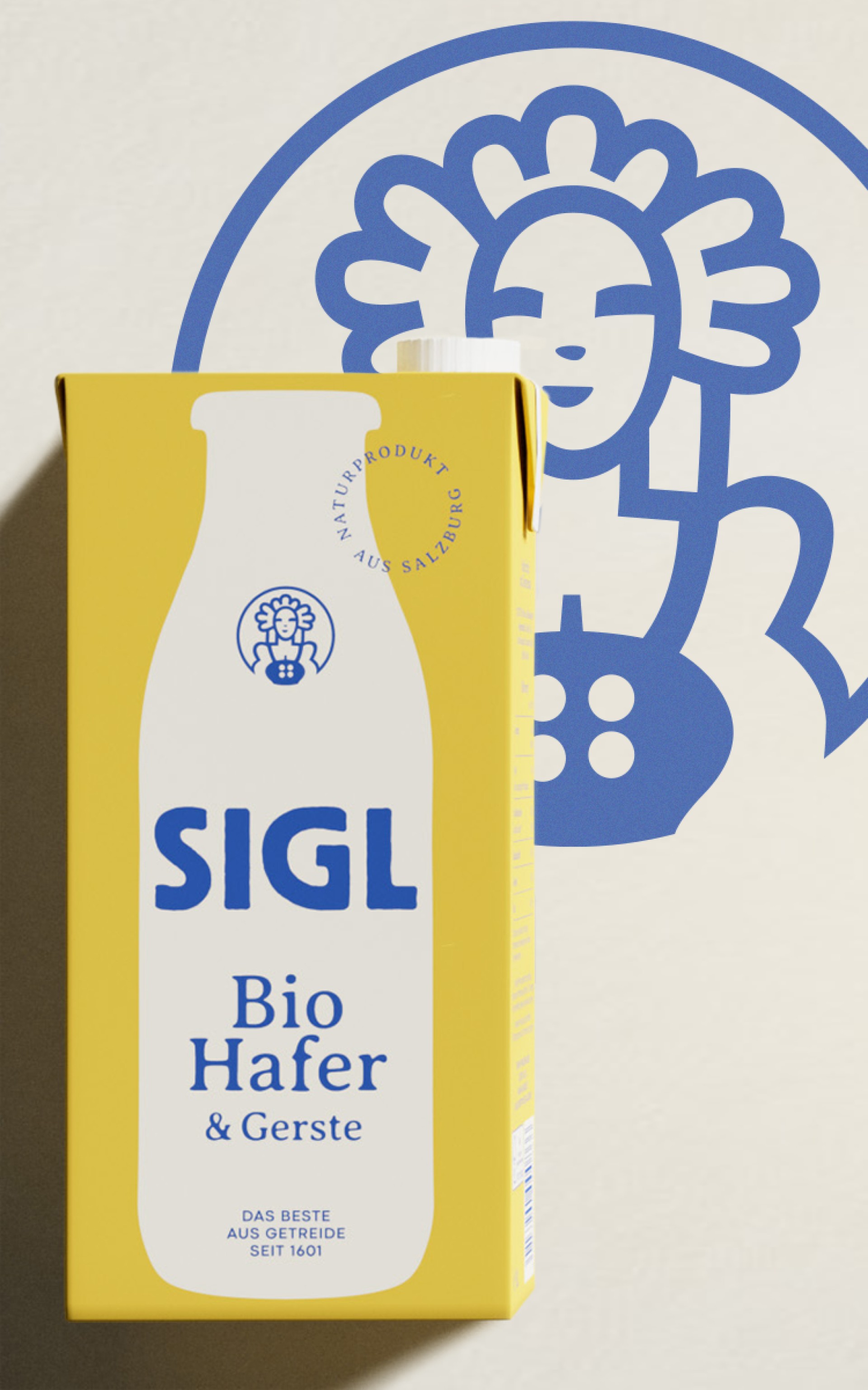 Eine gelbe Packung SIGL Bio Hafer & Gerste mit einem blauen Logo auf weißem Grund.