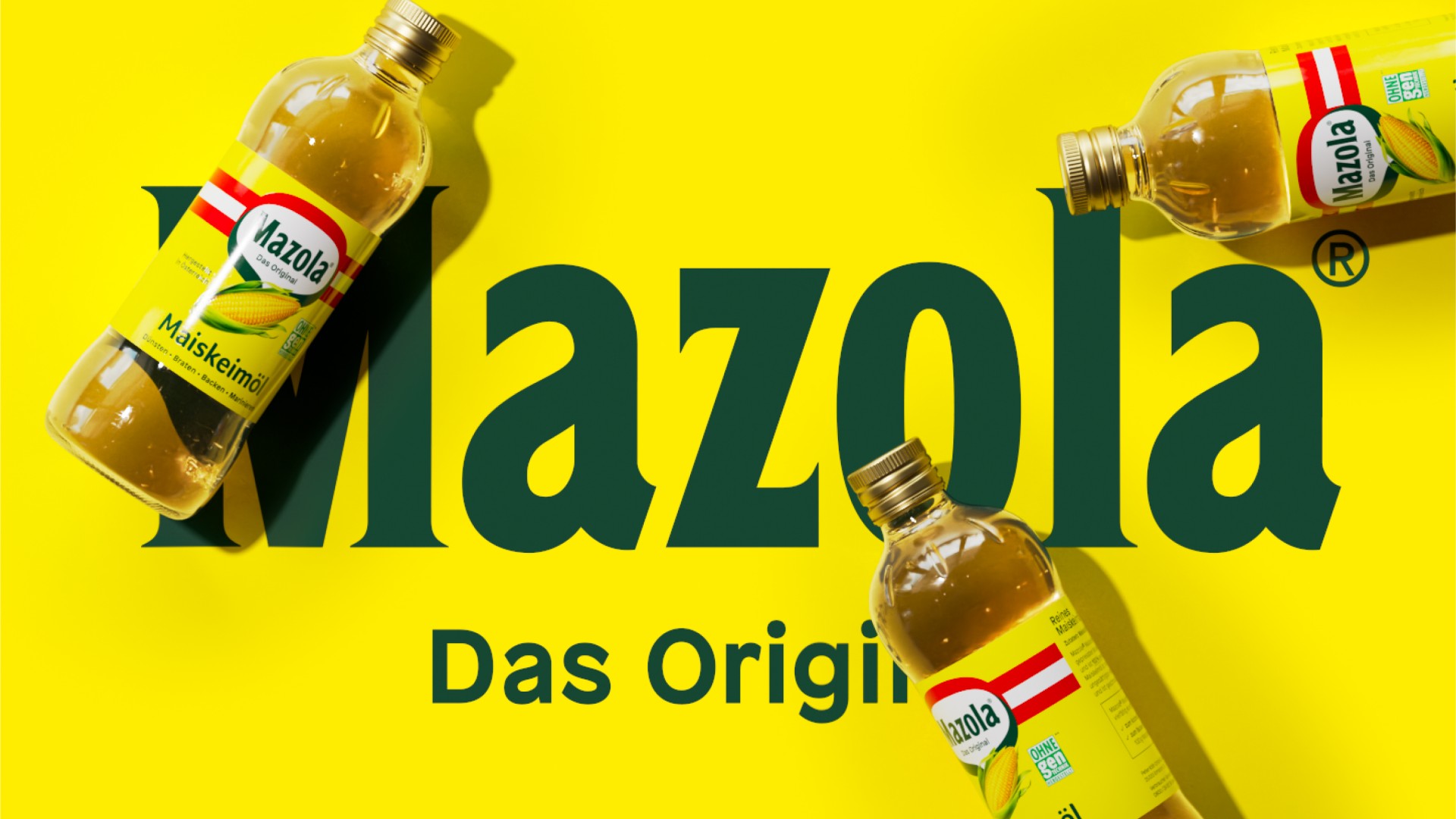 Gelber Hintergrund mit drei Flaschen Maiskeimöl und dem grünen Text "Mazola Das Original".