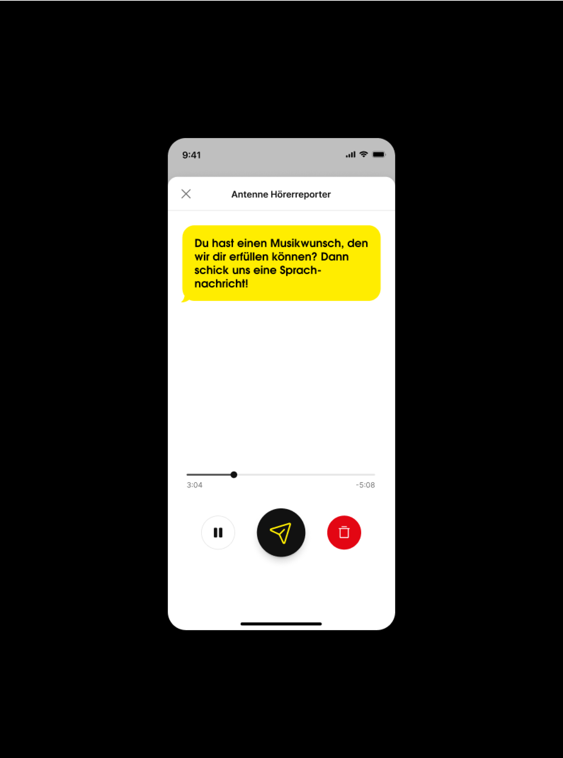 Handybildschirm "Antenne Hörerreporter". Gelbe Sprechblase: "Du hast einen Musikwunsch...Sprachnachricht!" Steuerungselemente für Audio.