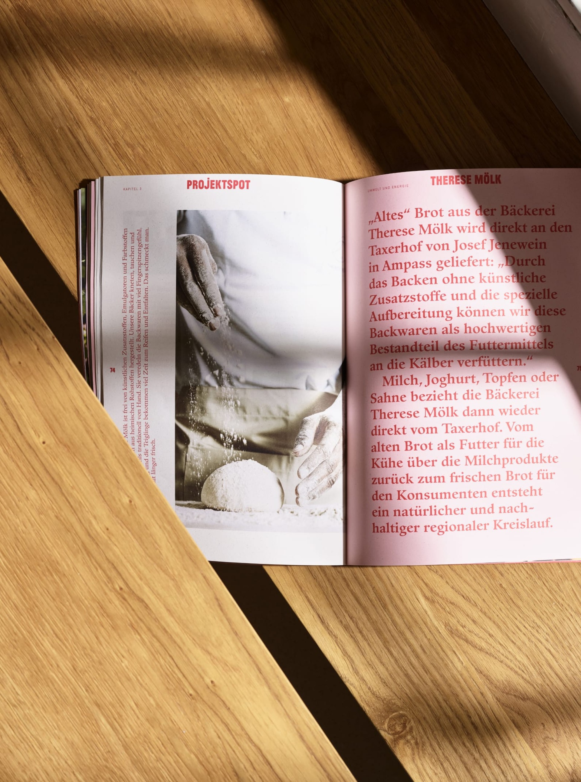Buch offen auf Tisch. Links: Text. Rechts: Therese Mölk Text. Mitte: Bäcker, der Teig knetet.
