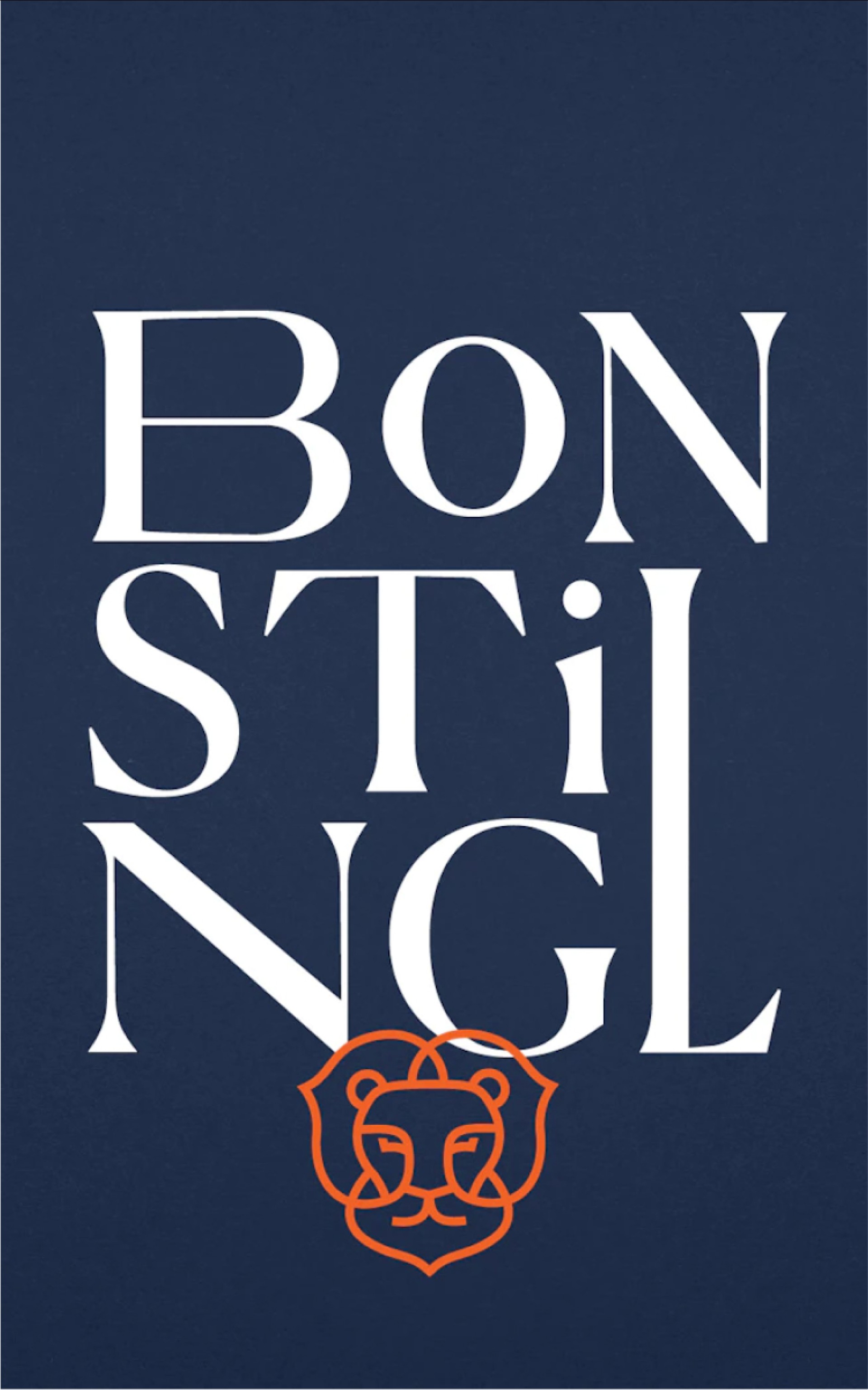 Blauer Hintergrund mit dem weißen Text „BON STIL NGL“ und einem orangefarbenen Löwenkopfsymbol.