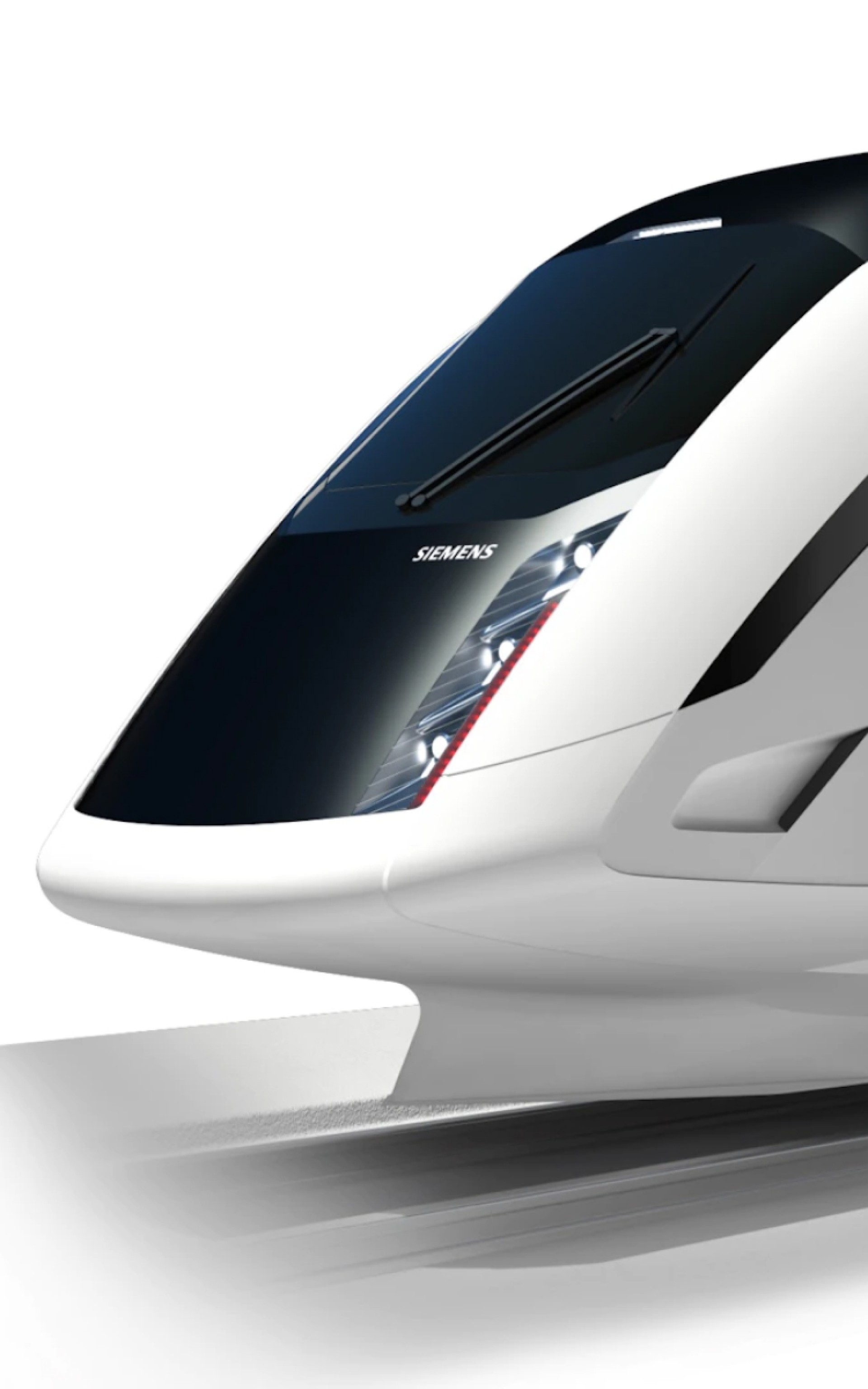 Nahaufnahme eines weißen Siemens-Hochgeschwindigkeitszugs auf Gleisen.
