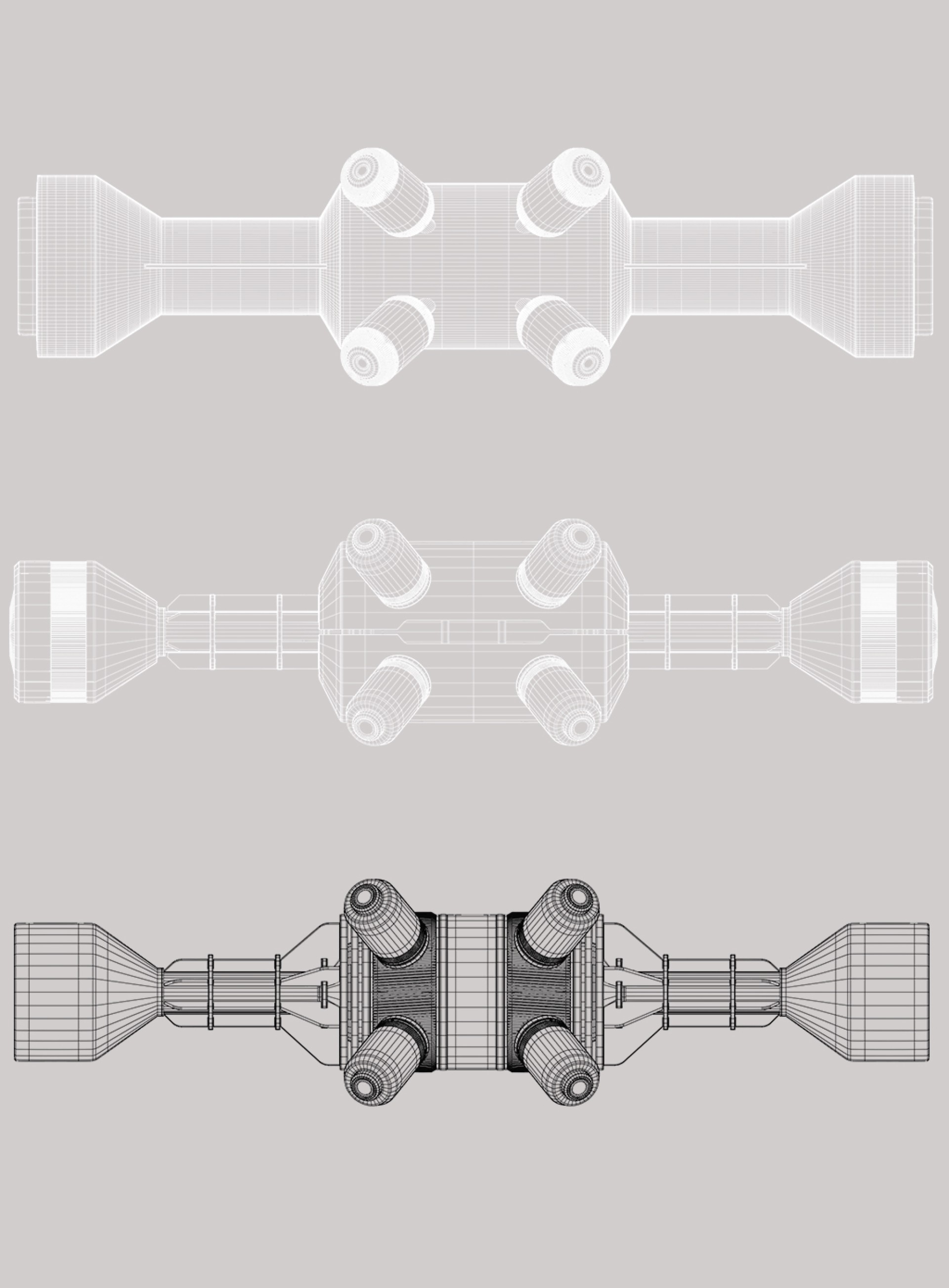Drei Wireframe-Darstellungen eines länglichen Objekts mit zylindrischen Noppen.