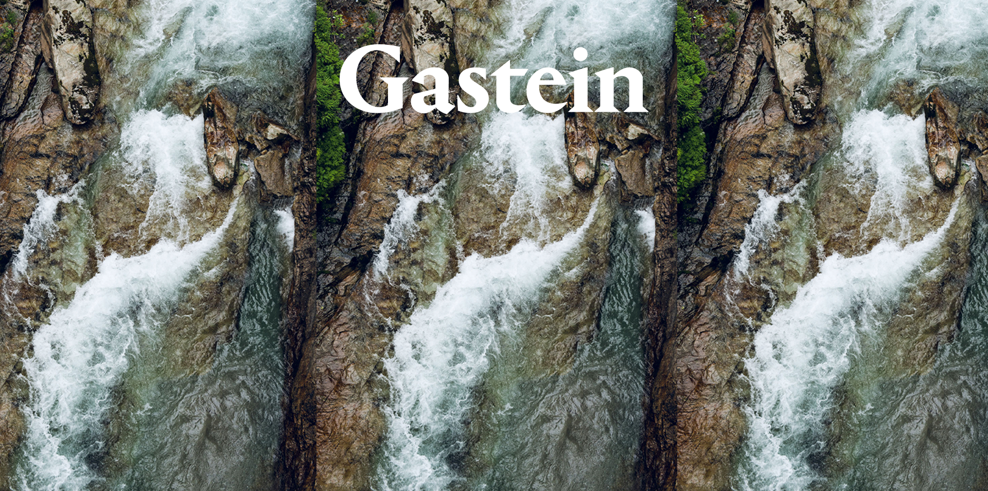 Luftaufnahme des Gasteiner Baches, der zwischen Felsen und Vegetation hindurchfließt. Der Text "Gastein" ist im Bild zu sehen.