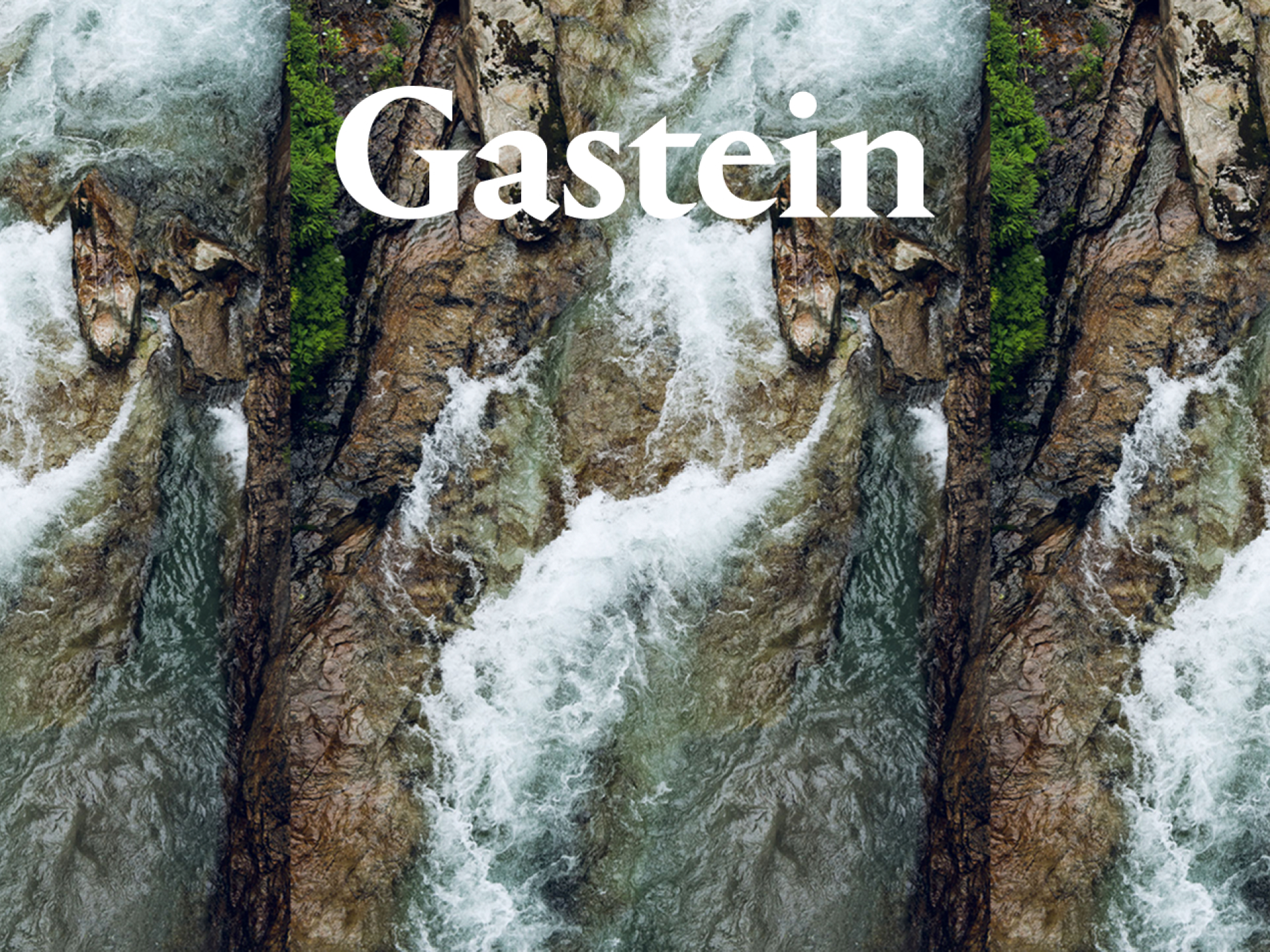 Luftaufnahme des Gasteiner Baches, der zwischen Felsen und Vegetation hindurchfließt. Der Text "Gastein" ist im Bild zu sehen.
