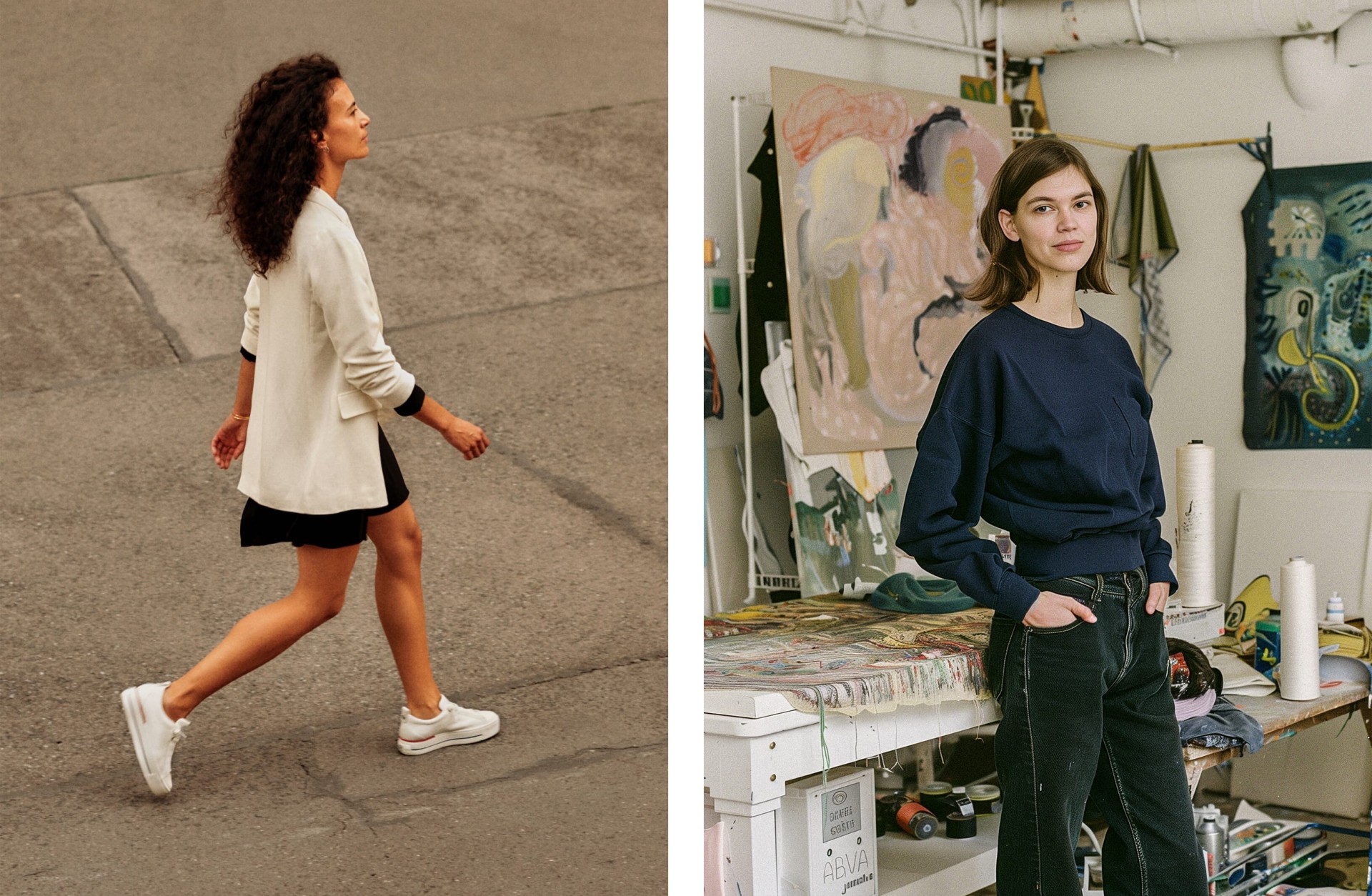 Zweiteiliges Bild: Frau, die Blazer und Turnschuhe trägt, und Künstlerin im Atelier, umgeben von Kunstbedarf und Gemälden.
