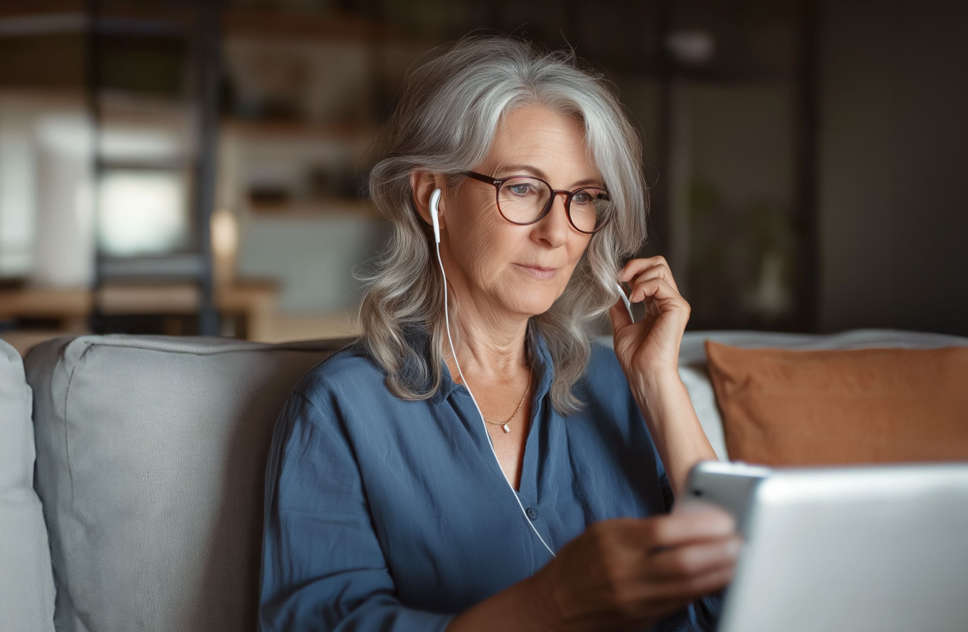Dame mit langem grauem Haar und Kopfhörer am Smartphone und Computer arbeitend.