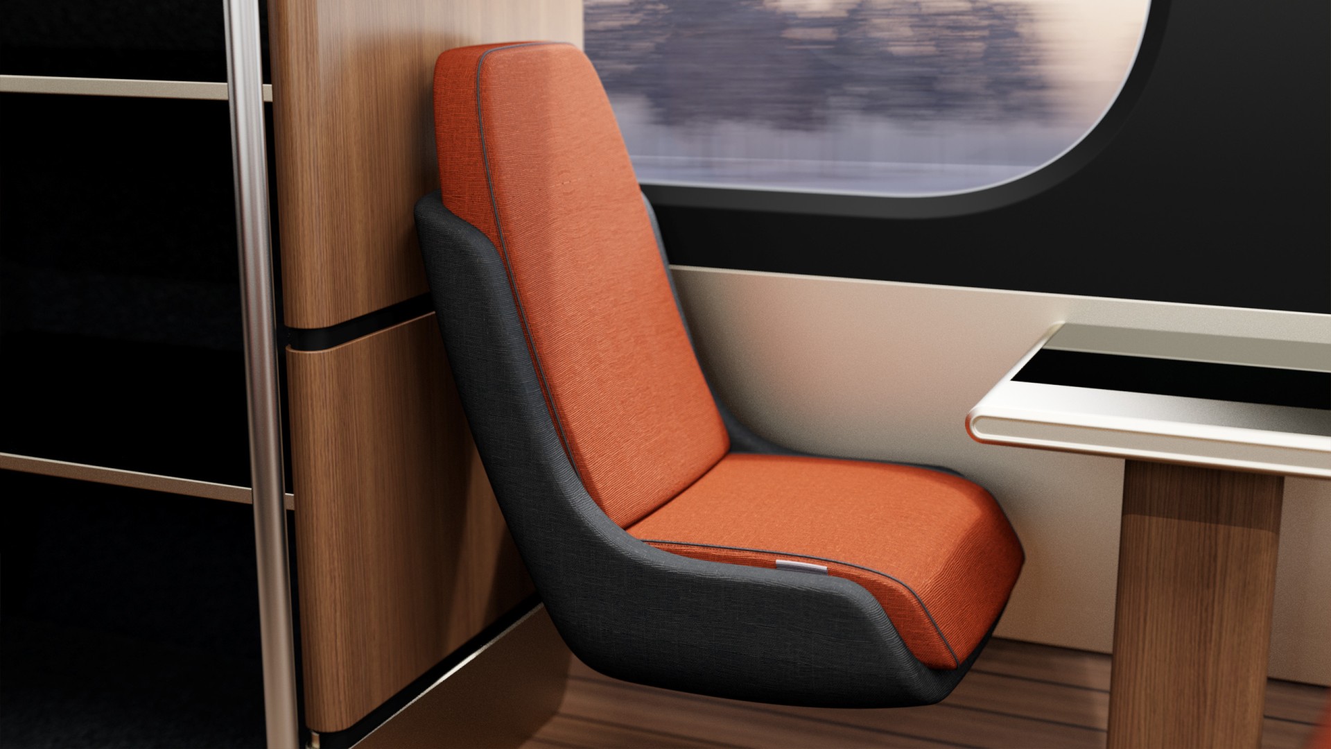 Ein orangefarbener Sitzplatz in der Nähe eines Fensters und eines Tisches.