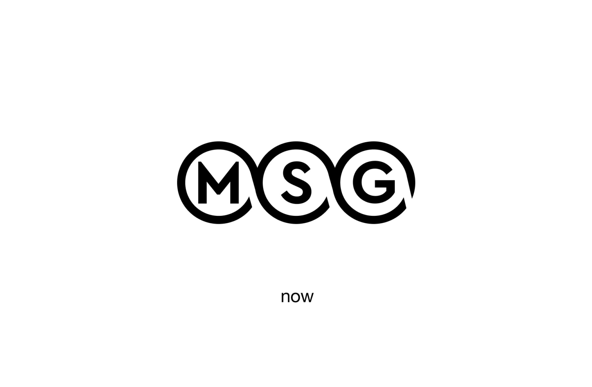 Das Logo von MSG „now“ in schwarzen Kreisen auf weißem Hintergrund.