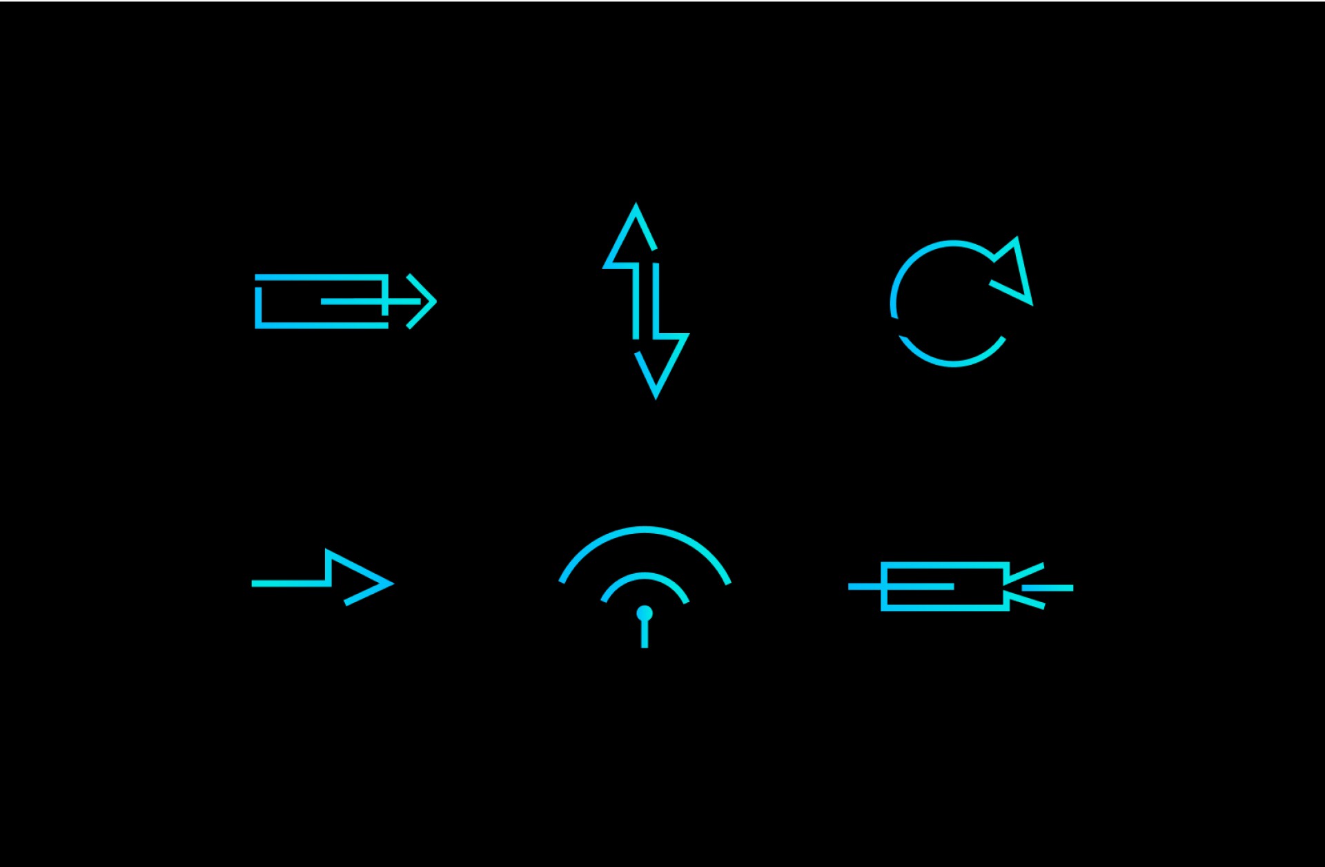 Mehrere blaue Symbole mit Pfeilen, WLAN-Symbol und anderen Symbolen auf einem schwarzen Hintergrund.