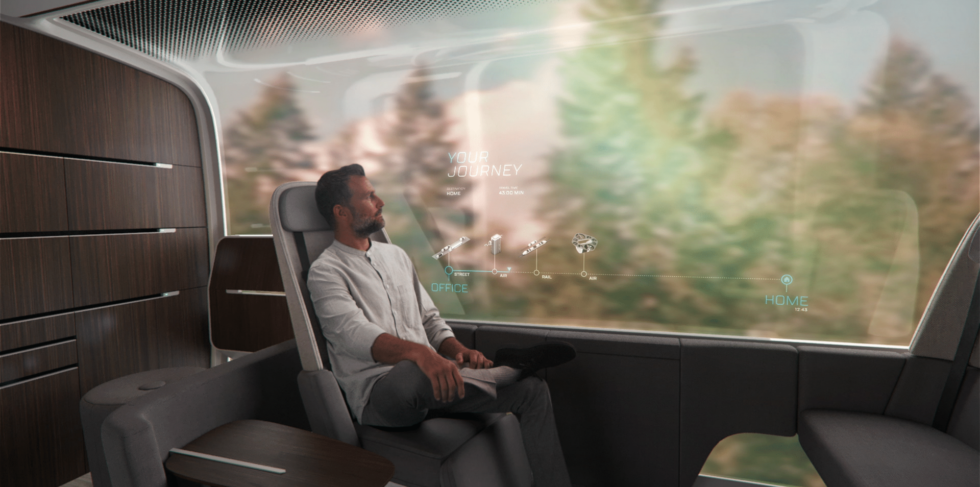 Mann genießt die Fahrt mit Reiseroute Office-Home auf dem Fenster angezeigt.