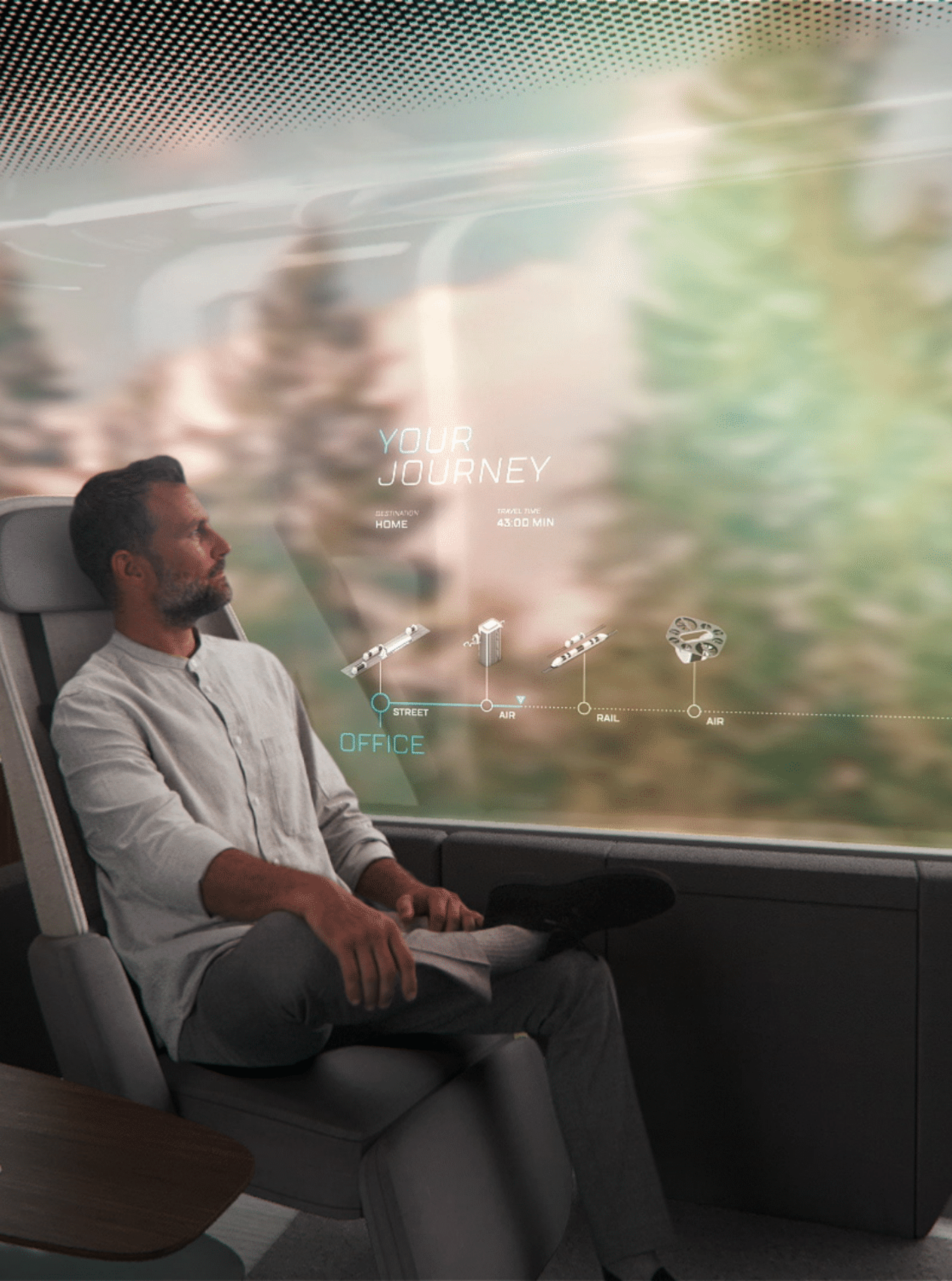 Mann genießt die Fahrt mit Reiseroute Office-Home auf dem Fenster angezeigt.