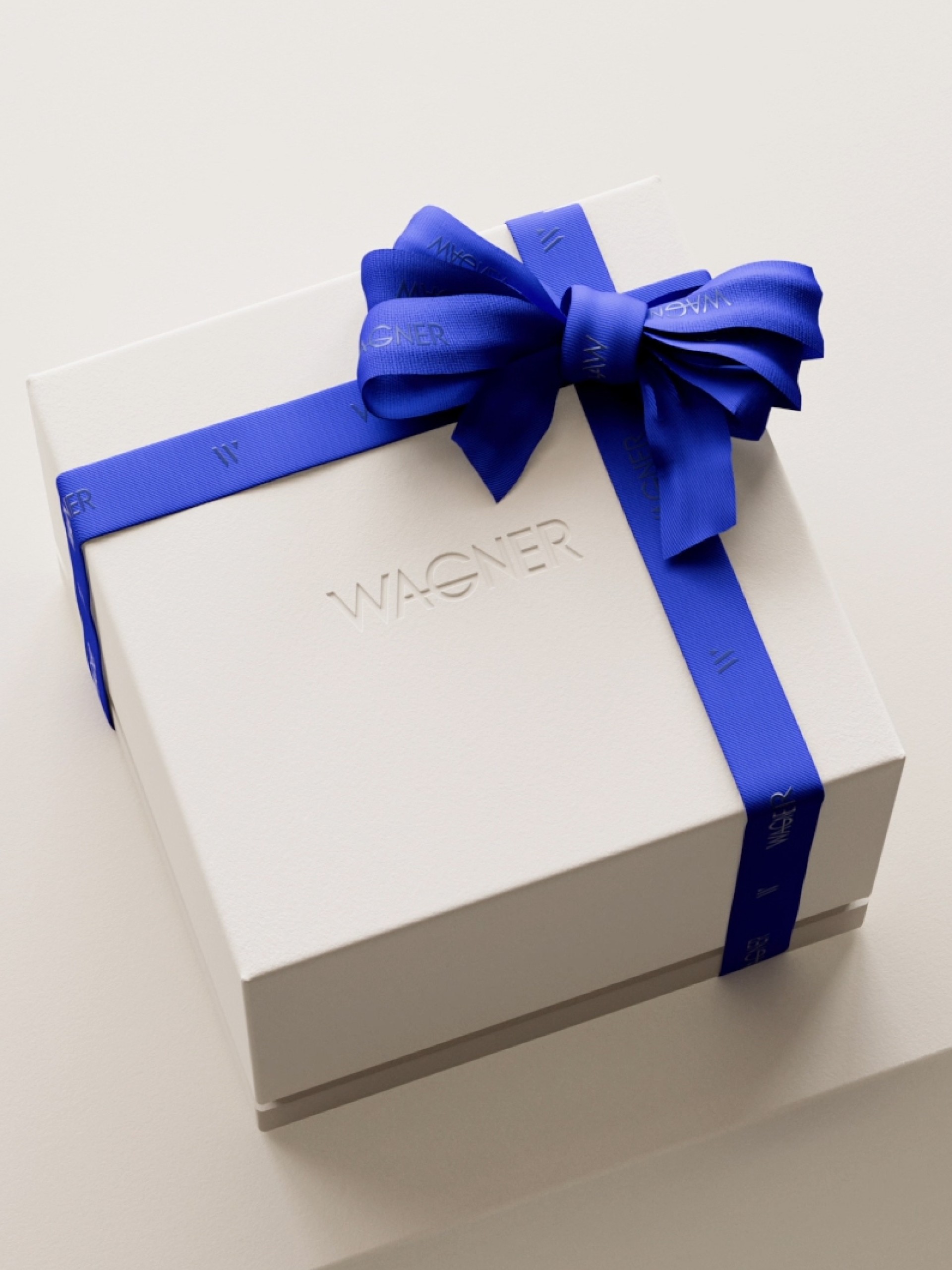 Eine weiße Wagner-Geschenkbox mit blauem Band und Schleife. Auf dem Band steht „Wagner“.