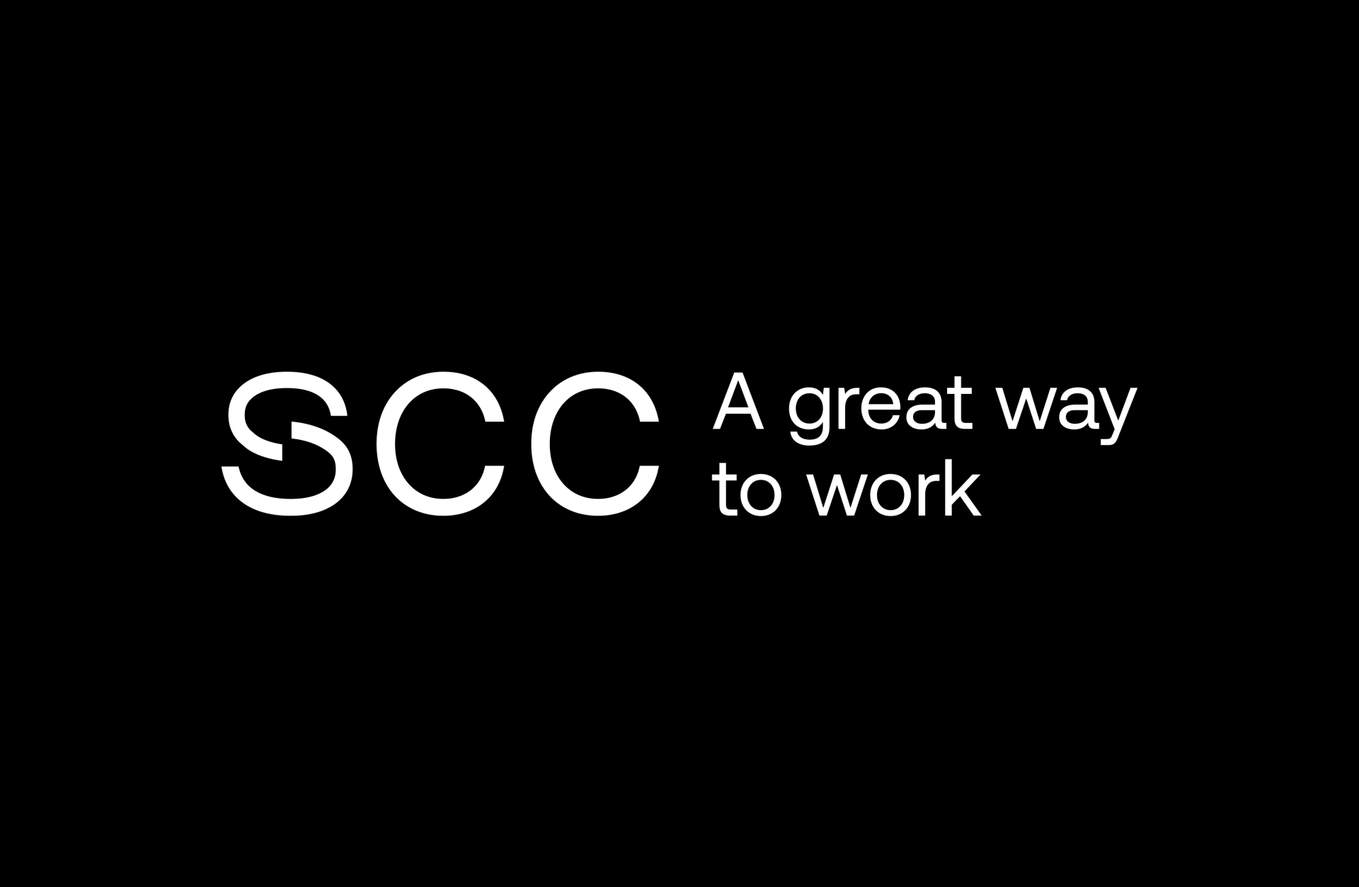 Weißer Text auf schwarzem Hintergrund mit dem Logo "SCC A great way to work".