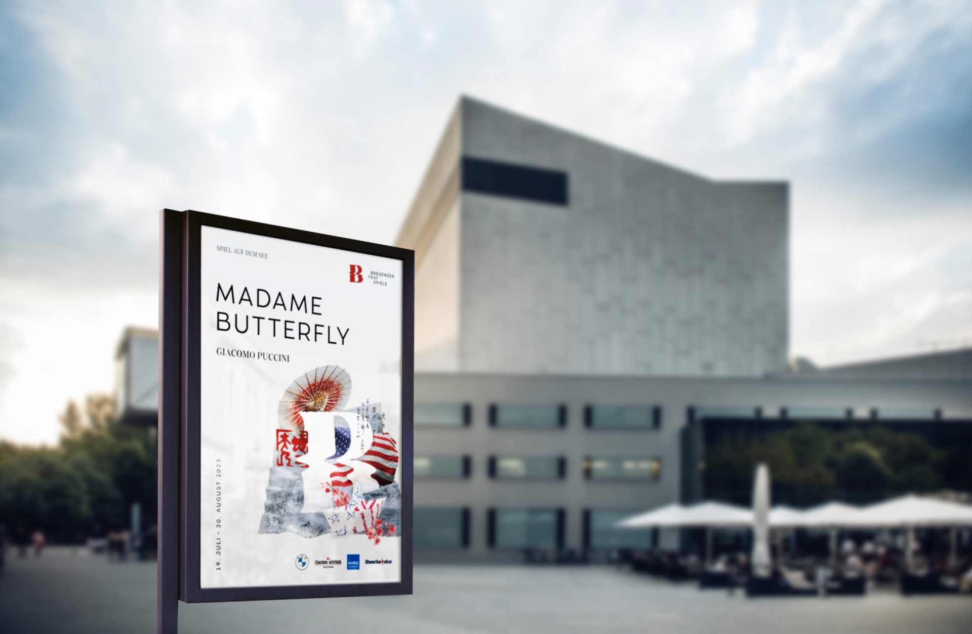 Plakat für "Madame Butterfly" von Puccini am Bregenzer Festspiele, 19. Juli-20. August 2023.