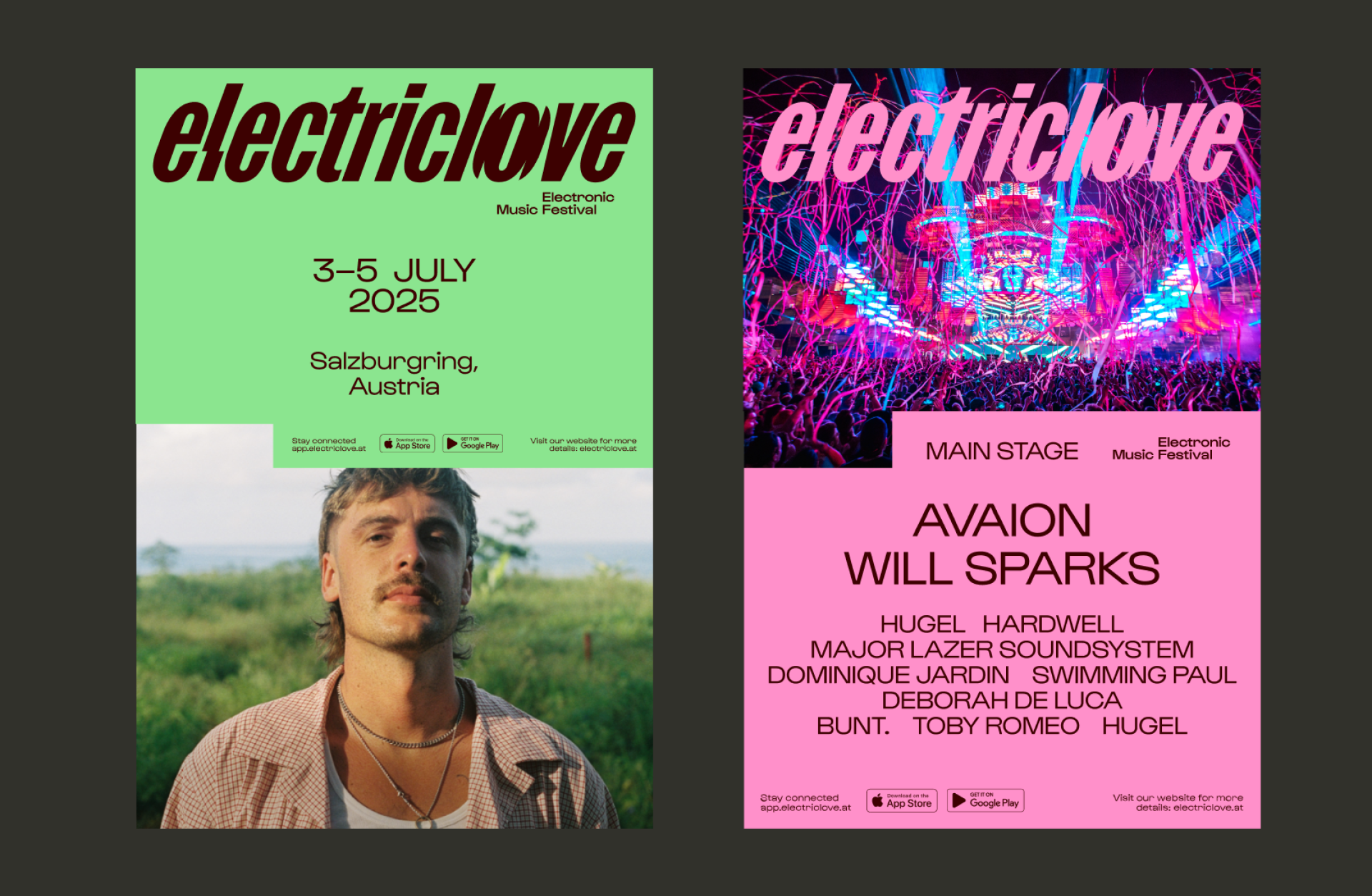 Zwei "electriclove"-Musikfestivalplakate. Das erste ist grün mit einem Mann. Das zweite ist rosa und zeigt Künstler wie Avaion und Will Sparks.