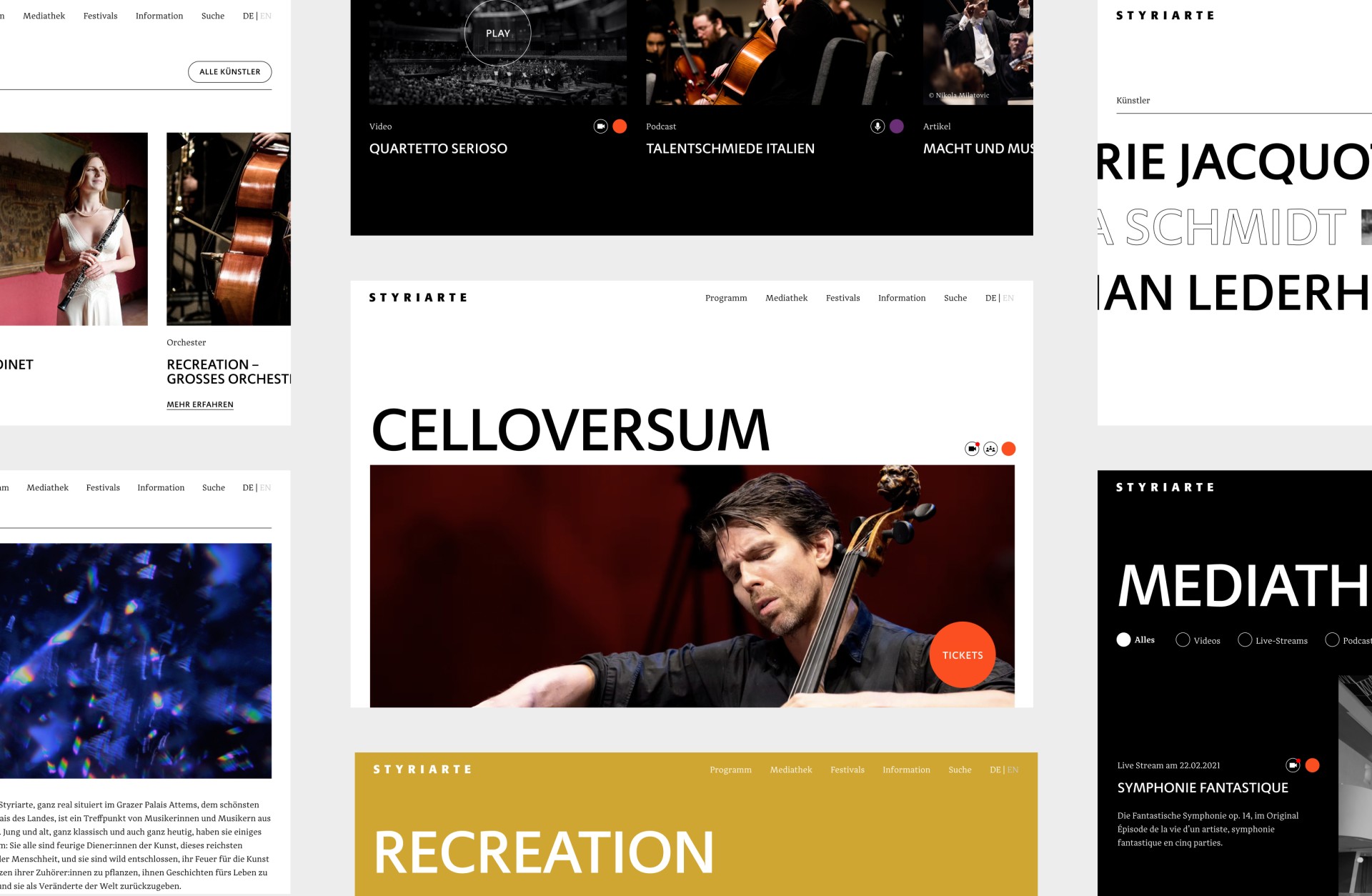 Einblick in die Styriarte-Website mit "Celloversum", "Quartetto Serioso" und "Recreation". "Symphonie Fantastique" und "Mediathek".