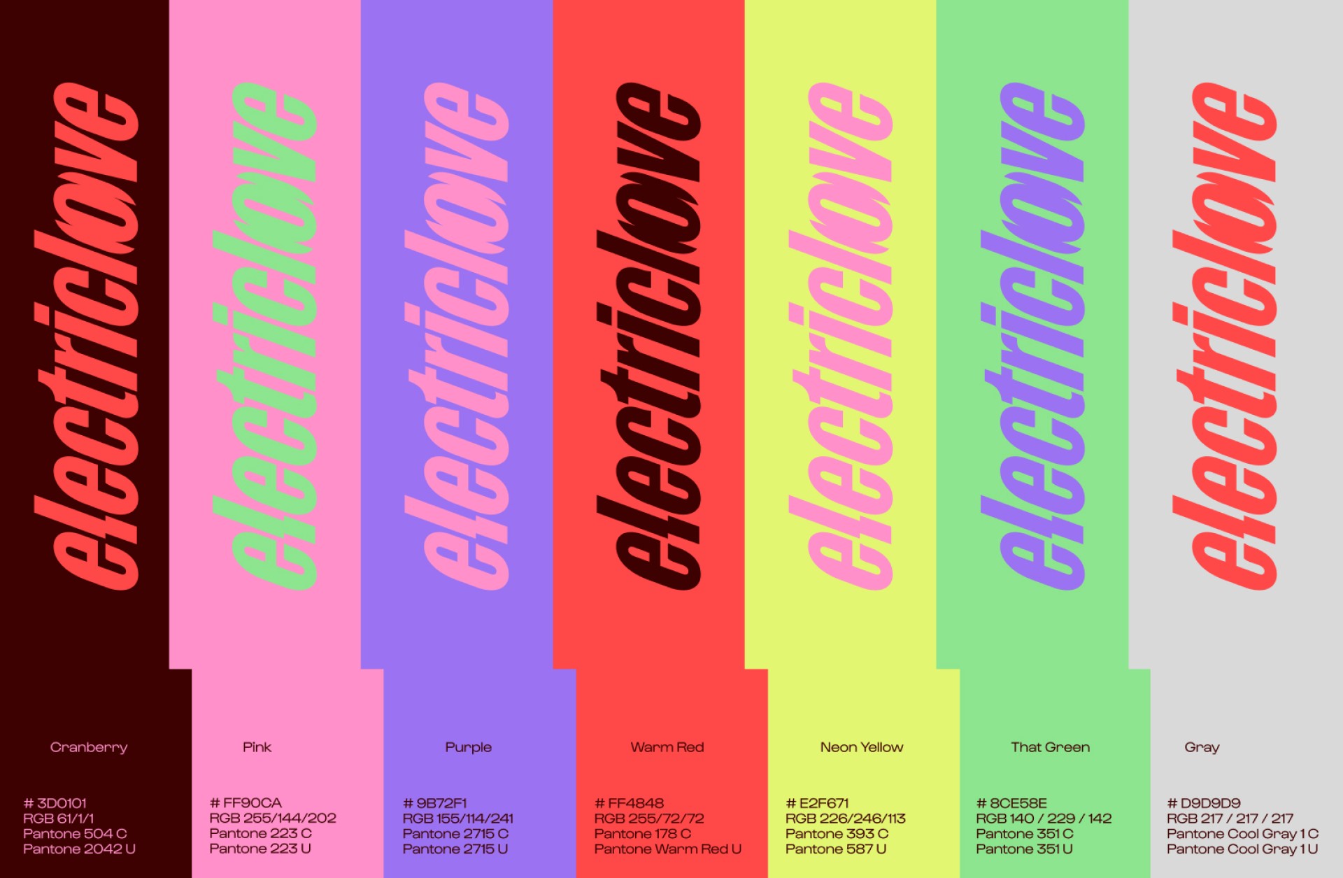 Verschiedene Farbfelder mit dem Text "electriclove", Farbnamen, RGB-Werten und Pantone-Referenzen.