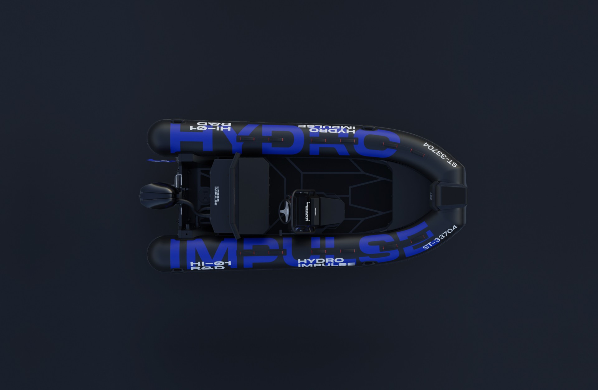 Draufsicht eines schwarzen HYDRO IMPULSE-Boots mit blauen Akzenten auf dunklem Hintergrund. Text: "HI-01 R&D", "HYDRO IMPULSE", "ST-33704".
