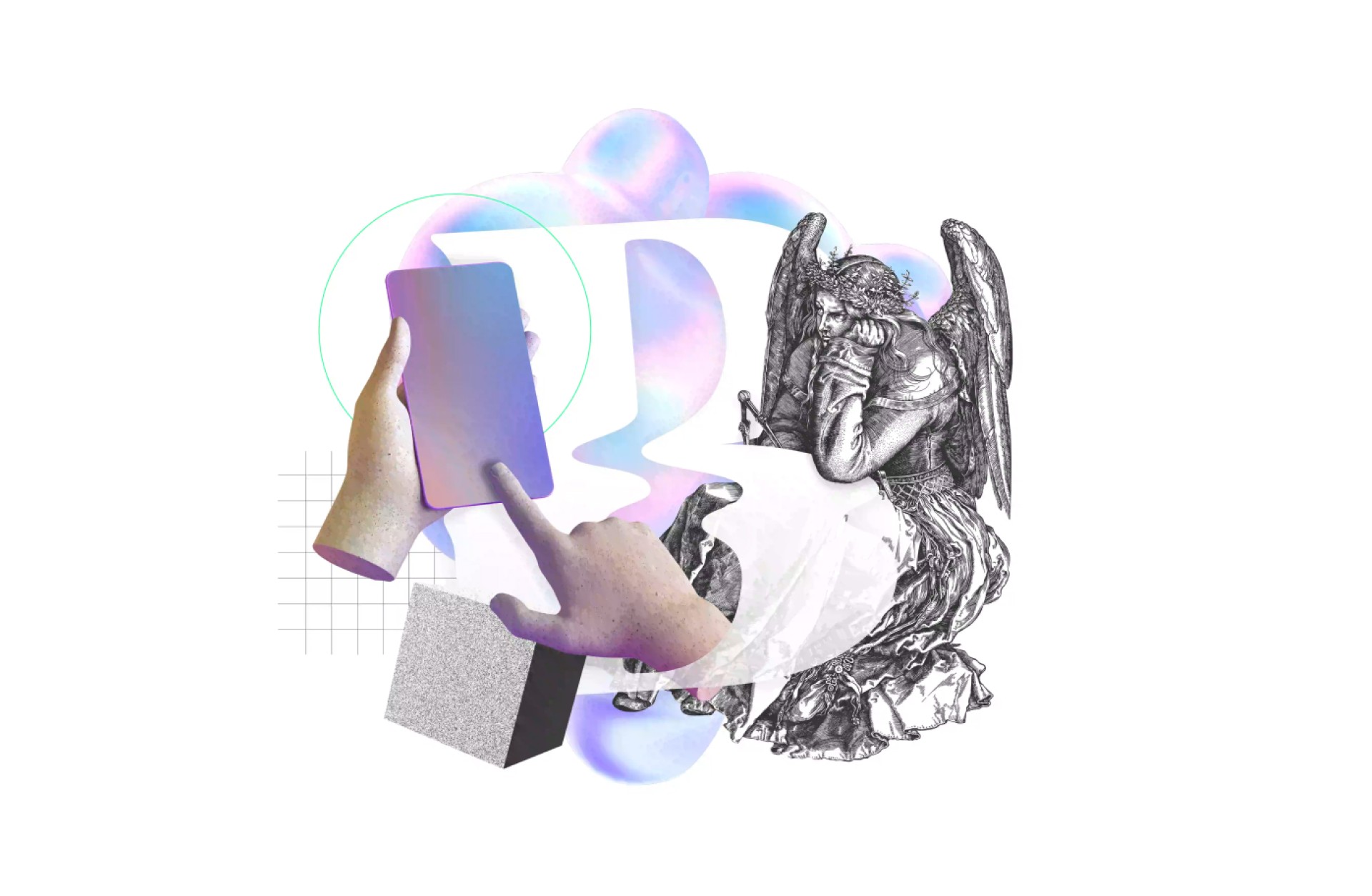 Abstrakte digitale Kunst mit einer Hand, die ein Handy bedient, und einer gezeichneten Skulptur eines Engels.