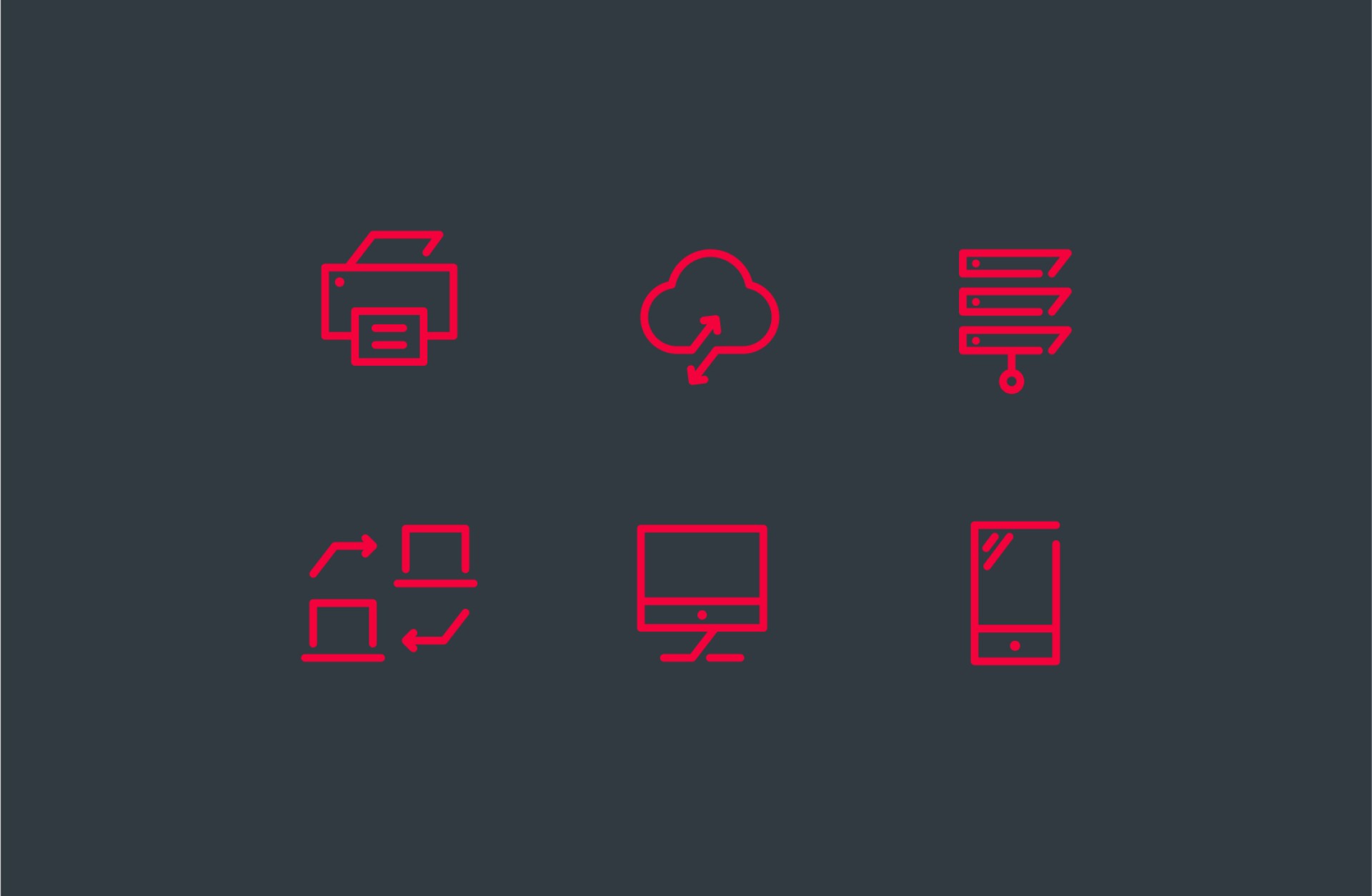Rot Icons auf grauem Hintergrund: Drucker, Cloud, Server, Computer, Netzwerk, Telefon.