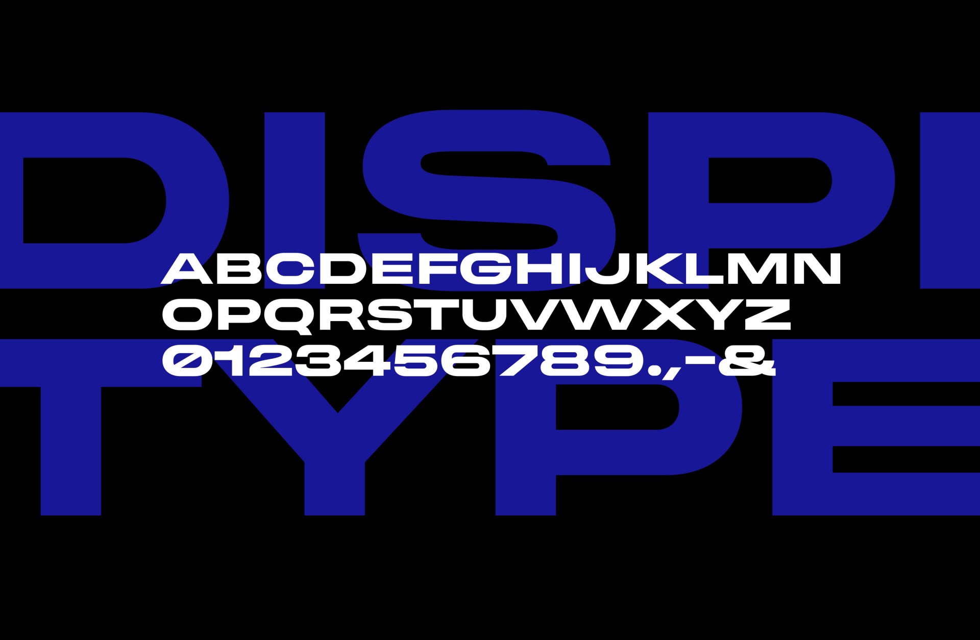 Schwarzer Hintergrund mit blauem "DISPLAY TYPE" und weißem lateinischem Alphabet und Zahlen.