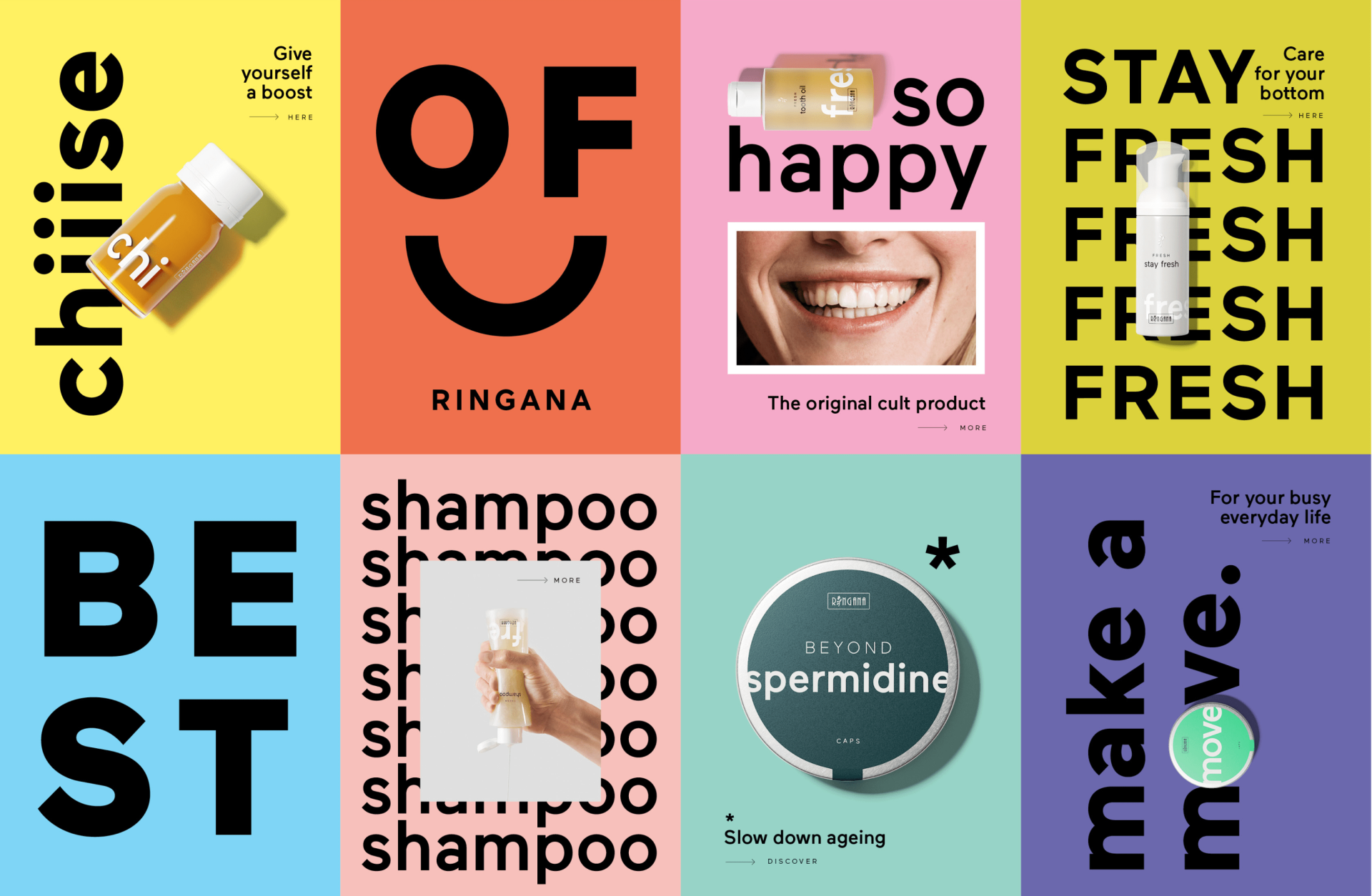 Mehrere Ringana-Produktbilder auf farbigem Hintergrund. Texte umfassen "so happy", "shampoo", "spermidine" und "make a move".