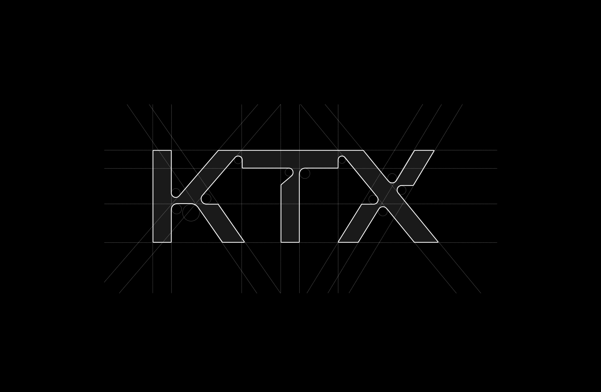 Das Bild zeigt ein Logo mit den Buchstaben „KTX“ auf einem schwarzen Hintergrund und Hilfslinien.