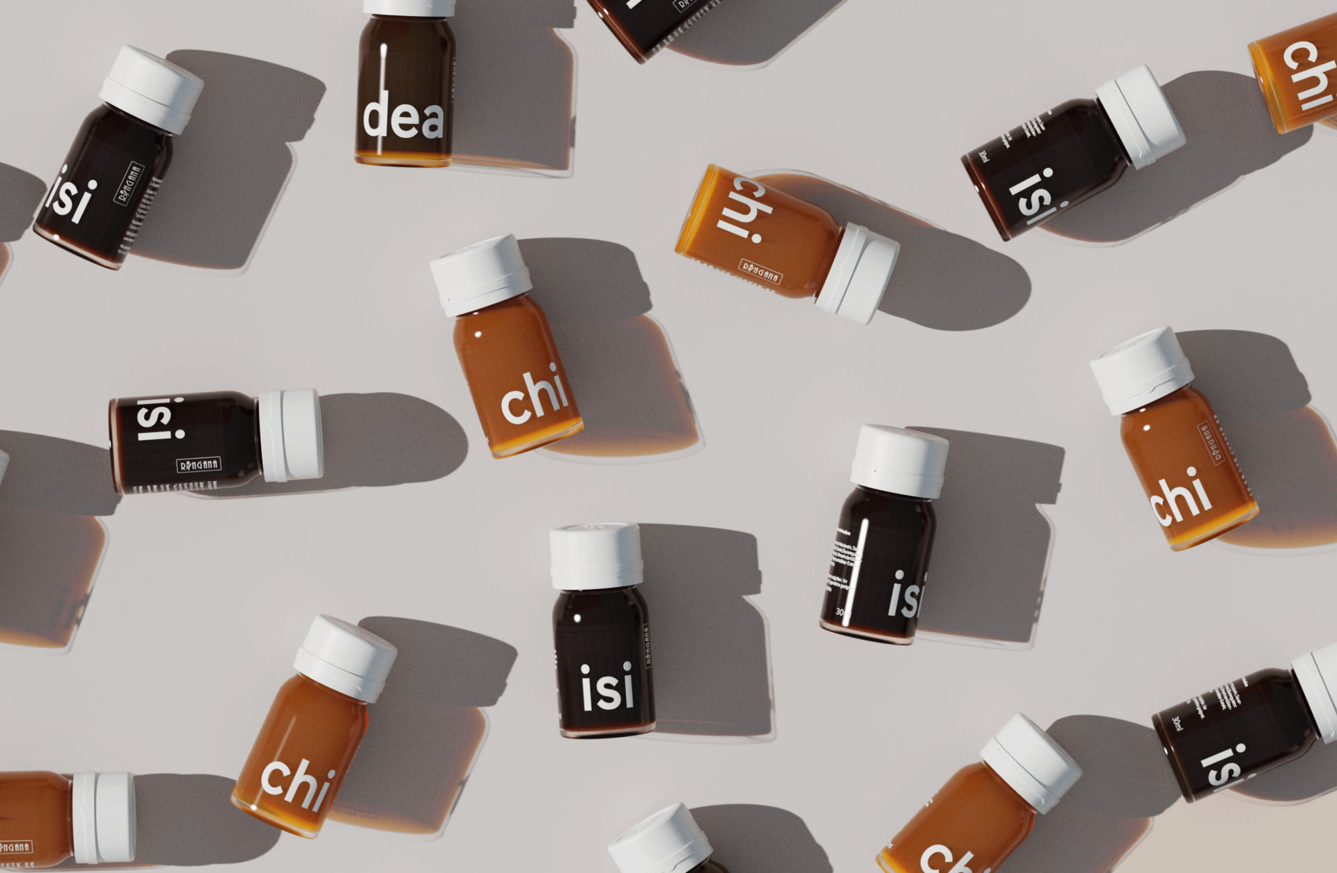 Draufsicht auf "isi"- und "chi"-Gesundheitsschüsse mit weißen Kappen auf grauem Hintergrund.