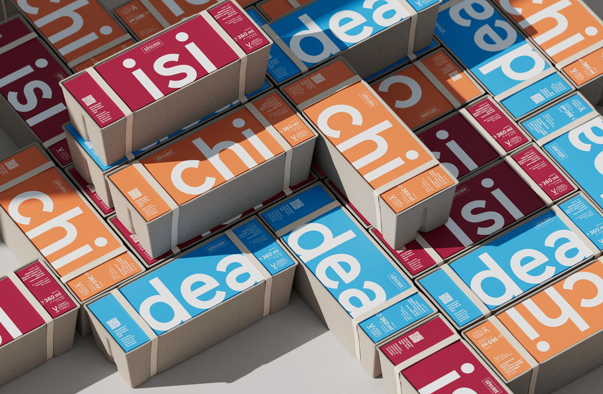 Eine Nahaufnahme von farbigen Schachteln mit der Aufschrift "idea", "chi" und "isi".