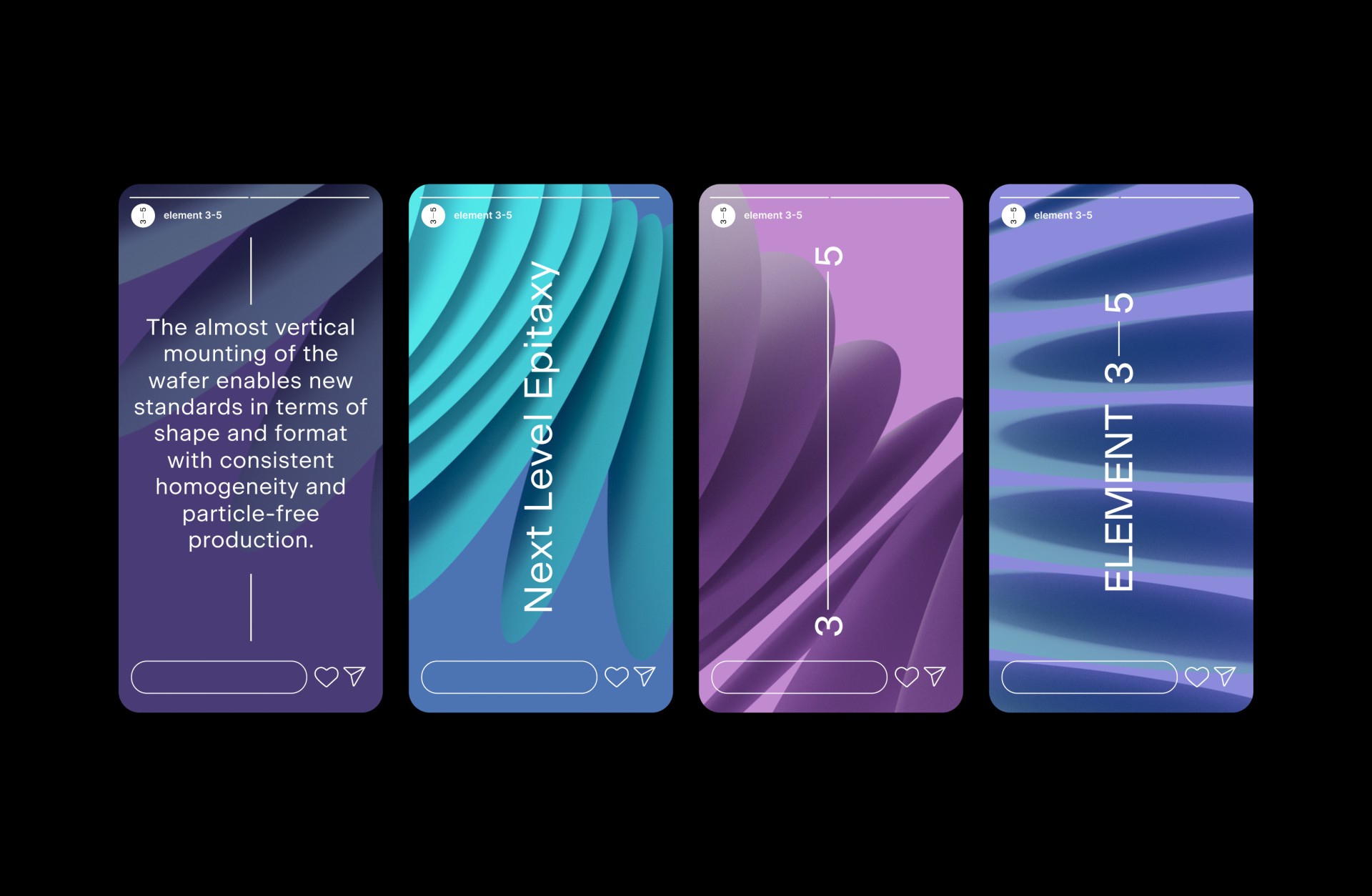 Vier Instagram-Posts von Element 3-5. Text: "Next Level Epitaxy", "Element 3-5". Grafiken mit Lila- und Blautönen.
