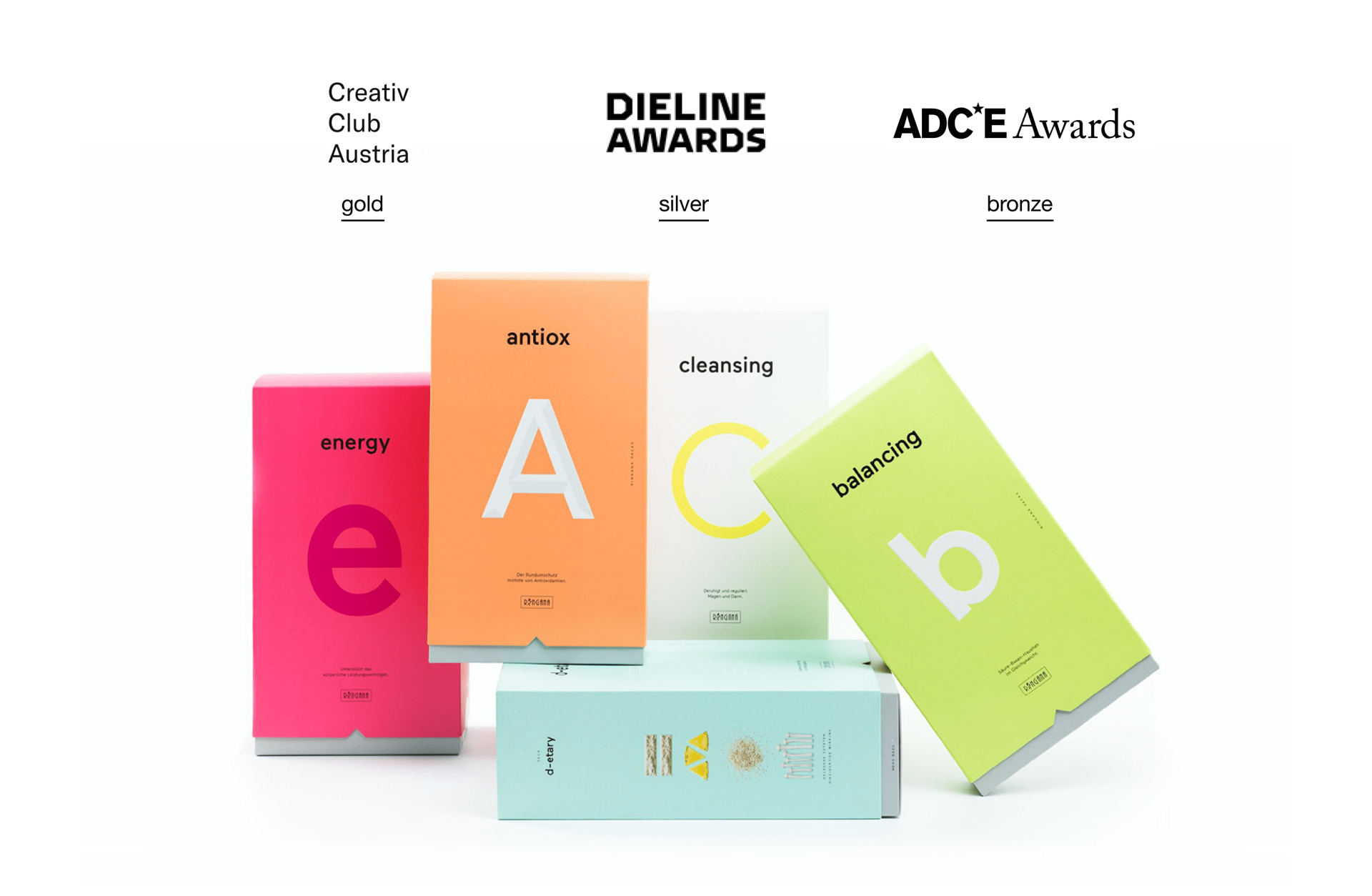 Verschiedenfarbige Produktverpackungen mit 'energy e', 'antiox A', 'cleansing C', 'balancing b', 'd-etary'. Creativ Club Austria gold, DIELINE AWARDS silver, ADCE Awards bronze.
