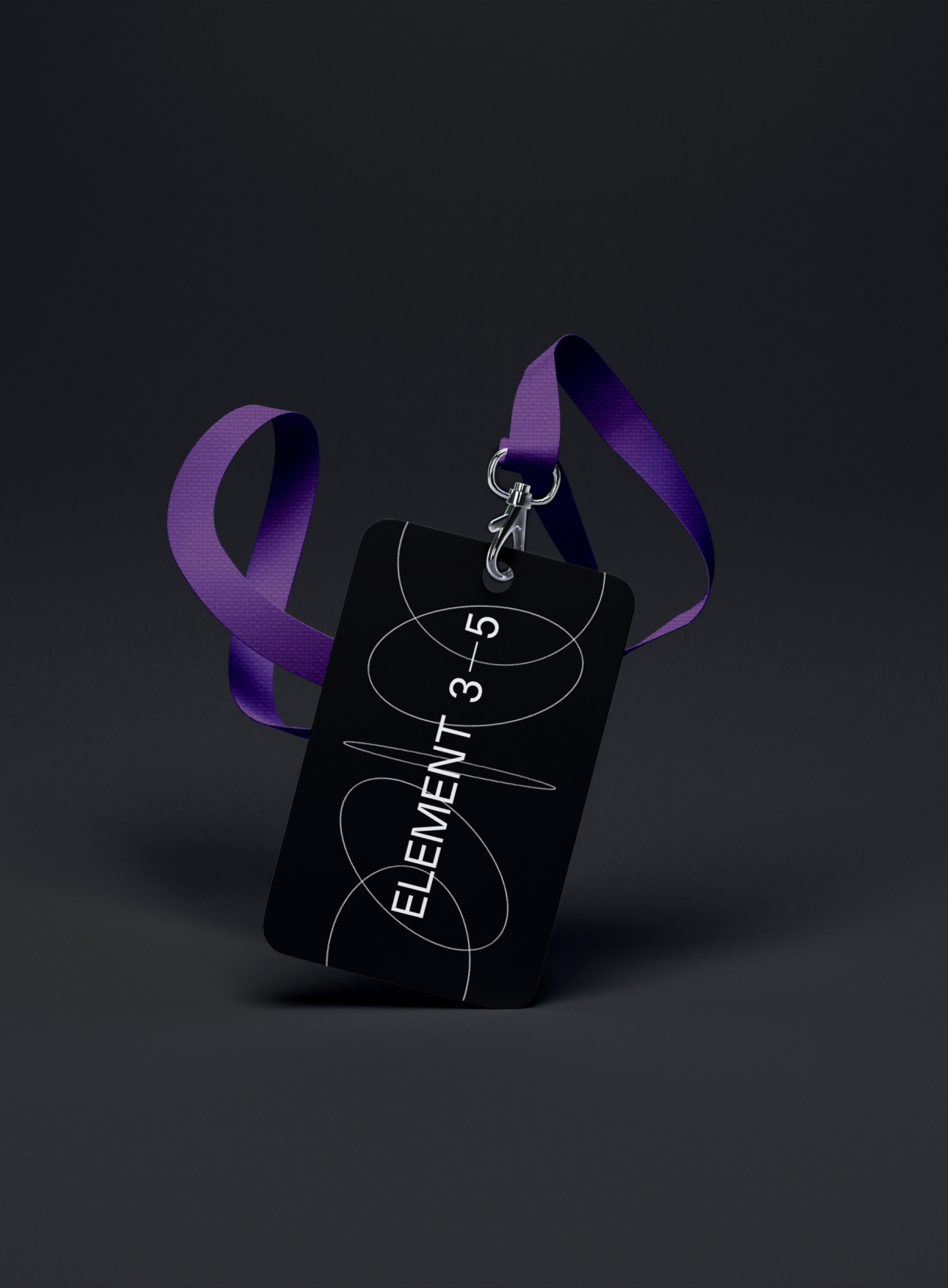 Schwarzer Ausweis mit violettem Schlüsselband, "ELEMENT 3-5" und weiße Linien.