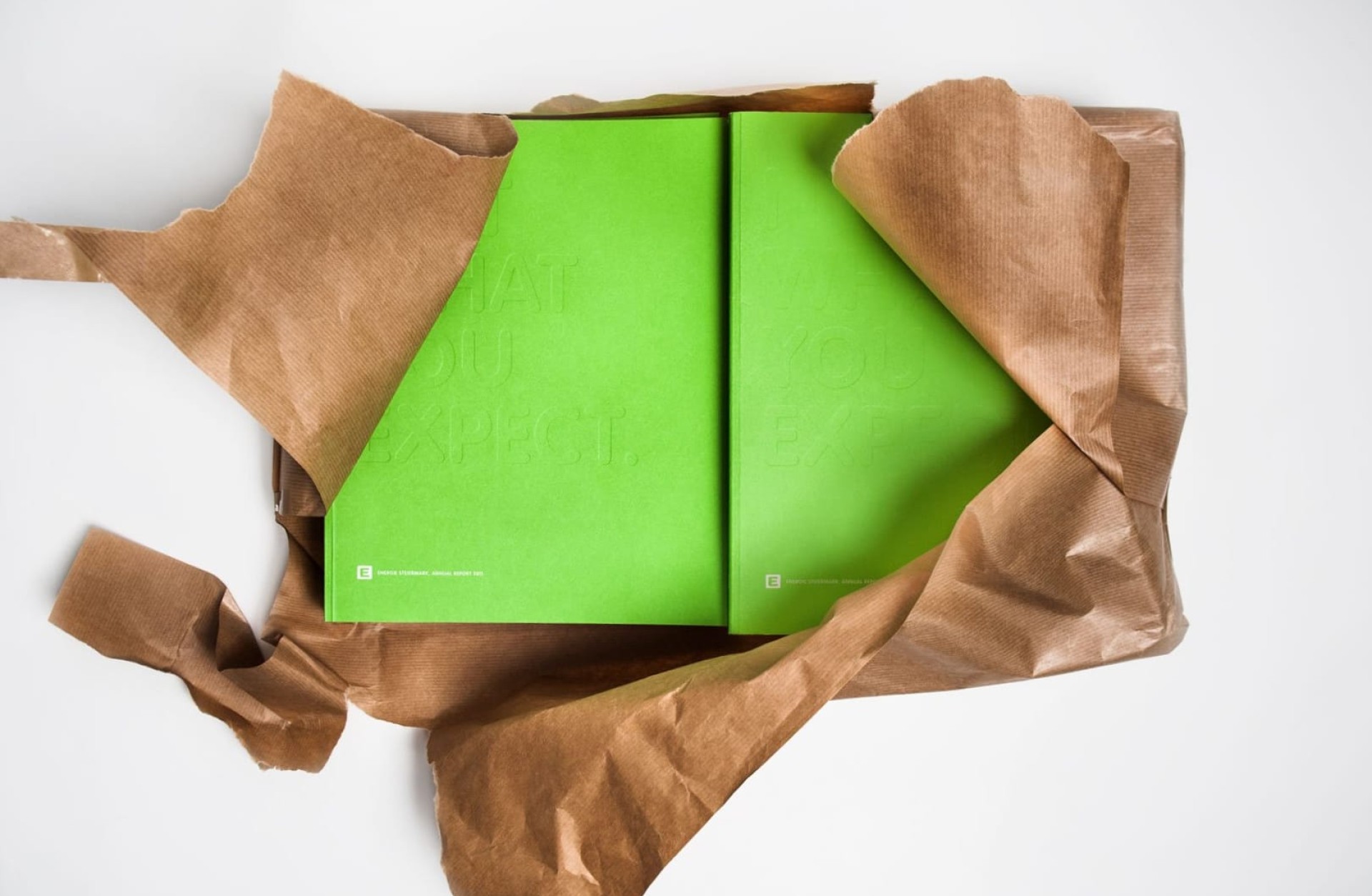 Grüne Broschüre mit dem Text "What you expect" in braunem Packpapier auf weißem Hintergrund.