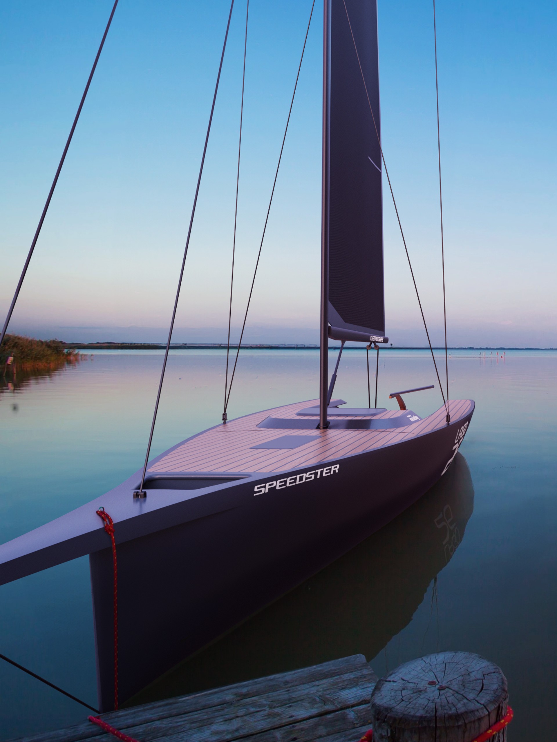 Ein Segelboot der Marke „Speedster“ liegt an einem Steg mit blauem Himmel.