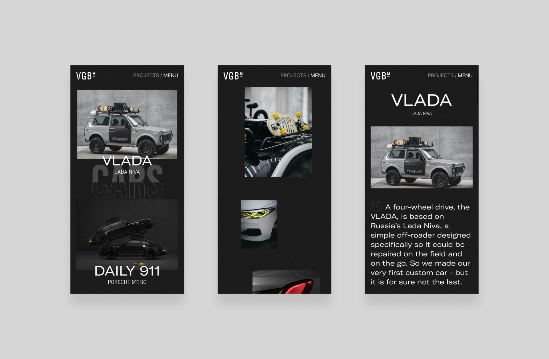 Drei Smartphone-Screenshots einer VGB Webseite mit VLADA Lada Niva und Daily 911 Porsche 911 SC.